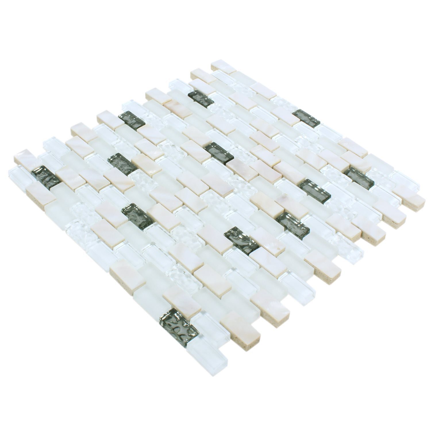 Mosafil Mosaikfliesen Glas Naturstein Muschel Mosaikfliesen Saltanat, Naturstein-Glas-Muschel 30.000x28.500, weiß-beige-silber, Verlegefertig auf ein Netz geklebt - Wasserfest