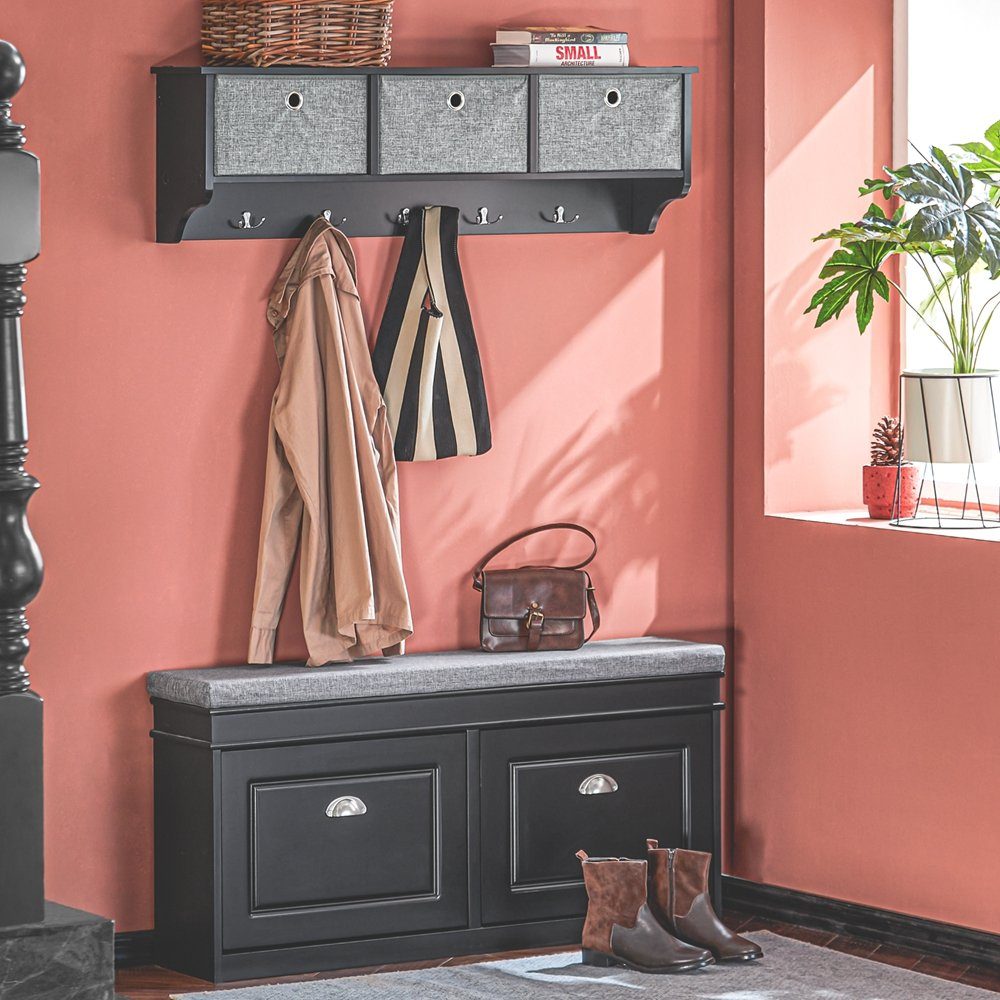 SoBuy Wandgarderobe FRG282, Wandregal, Schweberegal, Garderobenleiste, Flur, Schlafzimmer, Flurgarderobe Kleiderhaken Hängeregal mit 3 Körben, mit Haken – Bild 3 von 5