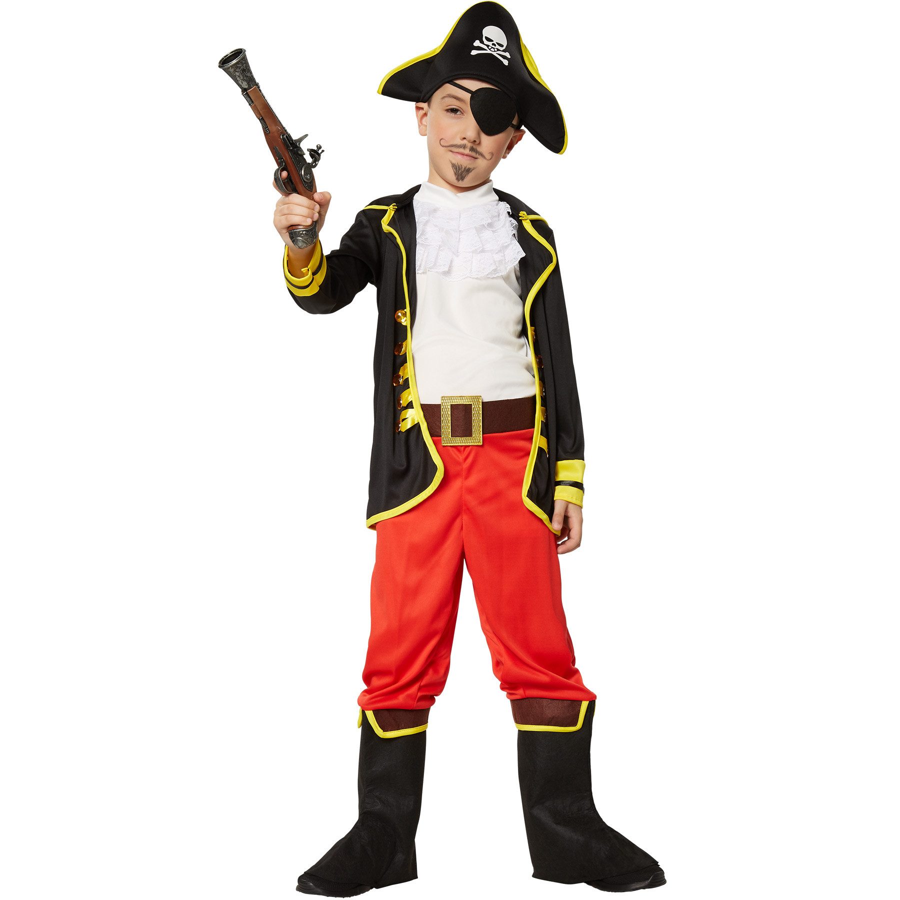 dressforfun Piraten-Kostüm Seeräuberjunge/Freibeuter, in schwarz/rot/weiß, Gr. 116 (5-6 Jahre), Augenklappe aus Stoff, Hose mit angenähten Stiefelstulpen und Gürtel