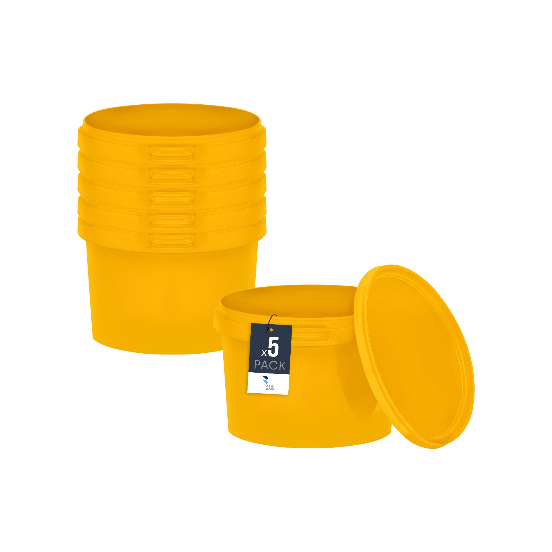 BENBOW Aufbewahrungssystem Eimer mit Deckel 30 20 10 1 0,5 L Gelb Lebensmittelecht Eimer, Polypropylen - Lebensmittelecht, Geschmacksneutral, Auslaufsicher, (5-tlg., PZH-, BRC- und DIN-ISO-zertifiziert), für Lebensmittel, Farben, Chemikalien