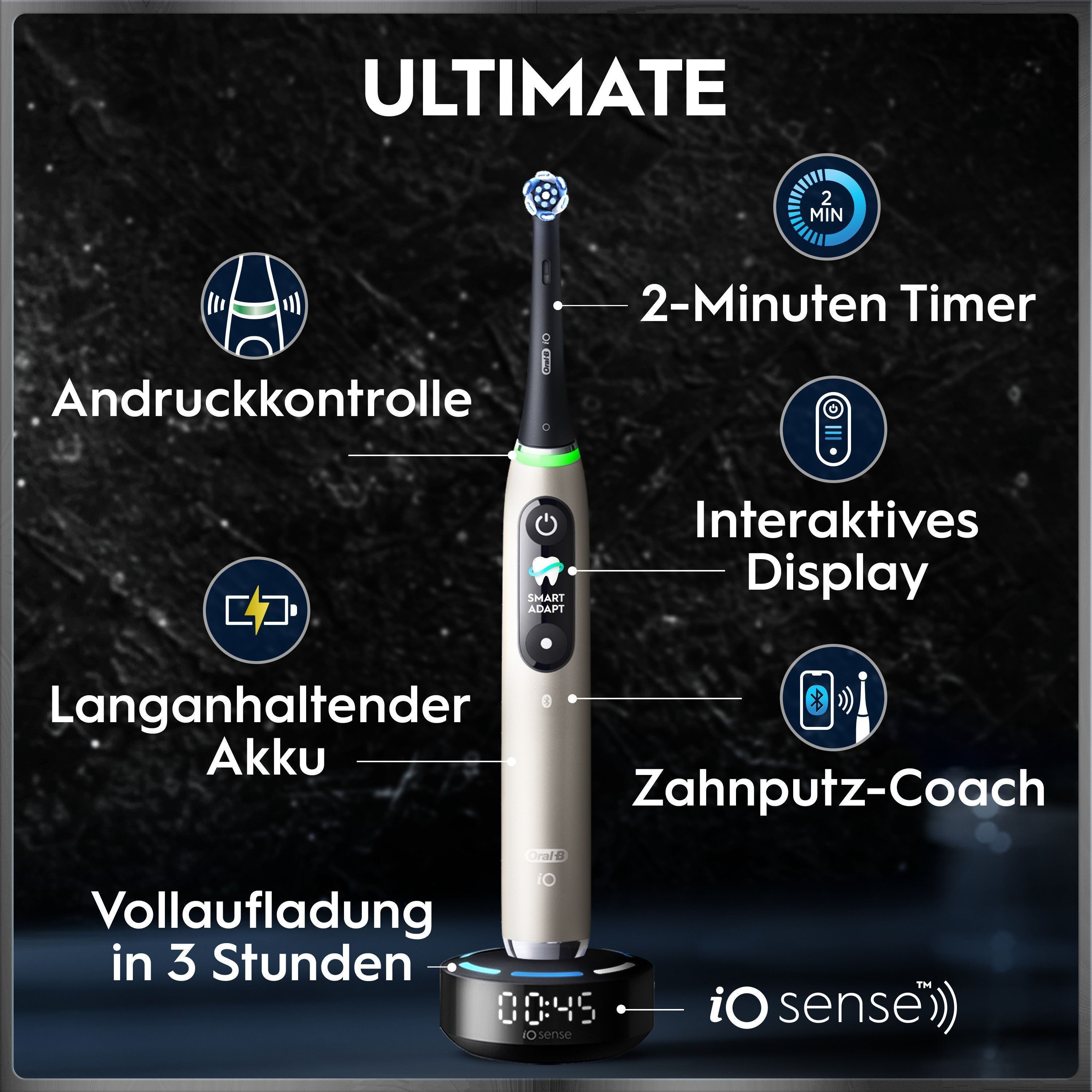 Oral-B Elektrische Zahnbürste iO Series 10, Aufsteckbürsten: 1 St., inkl. 1 Aufsteckbürste, iO Sense Schnellladestation, Lade-Reise-Etui – Bild 4 von 5