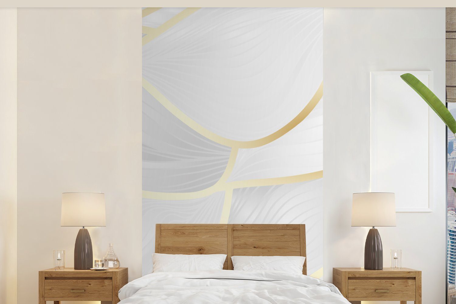 MuchoWow Fototapete Abstraktes Muster mit goldenen Linien, Matt, bedruckt, (2 St), Vliestapete für Wohnzimmer Schlafzimmer Küche, Fototapete