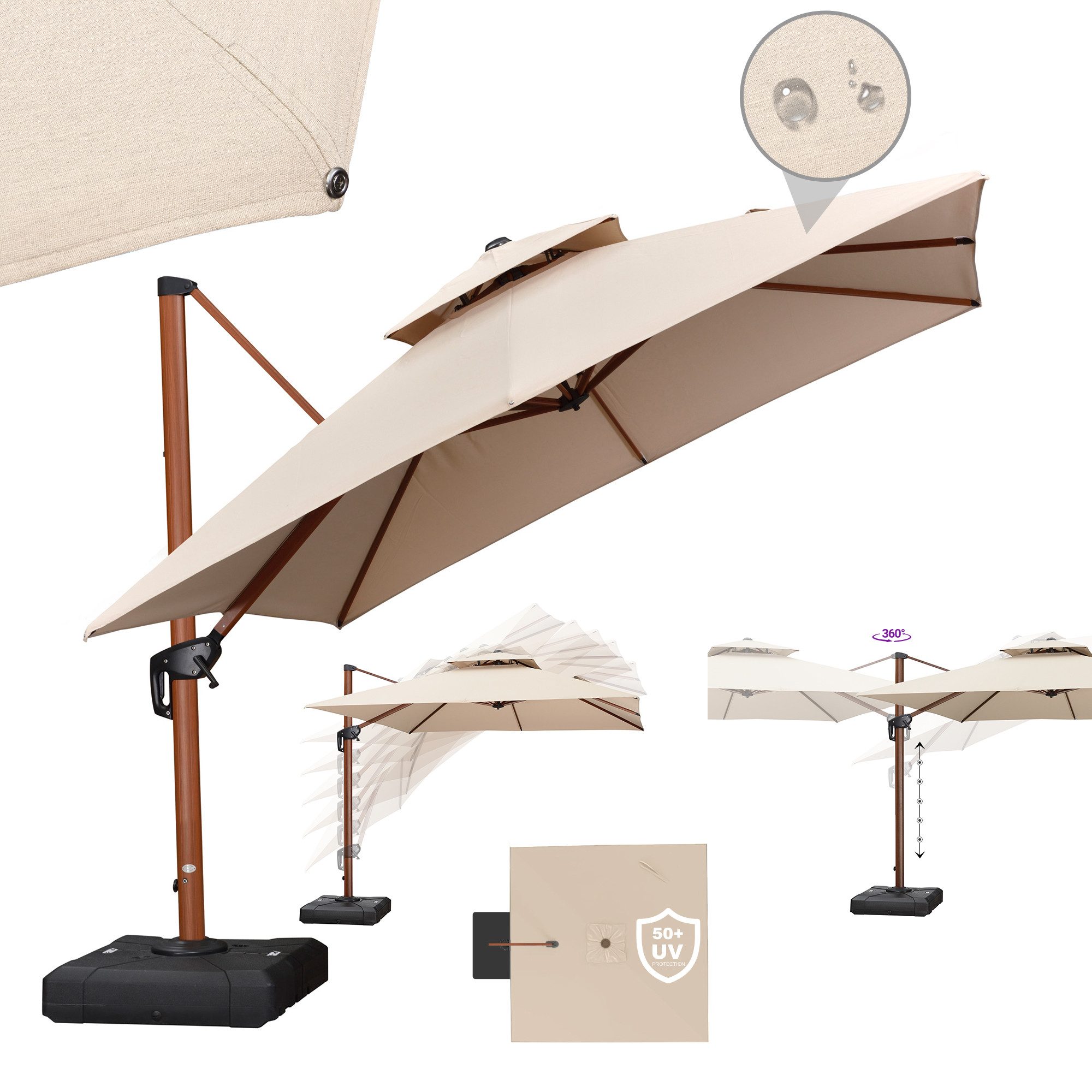 PURPLE LEAF Sonnenschirm Holzoptik Quadratischer Außenbereich Alu Ampelschirm, Gartenschirm, LxB: 270,00x270,00 cm, 360°Rotation, Sonnenschutz UV50+, für Garten, Terrasse, Pool