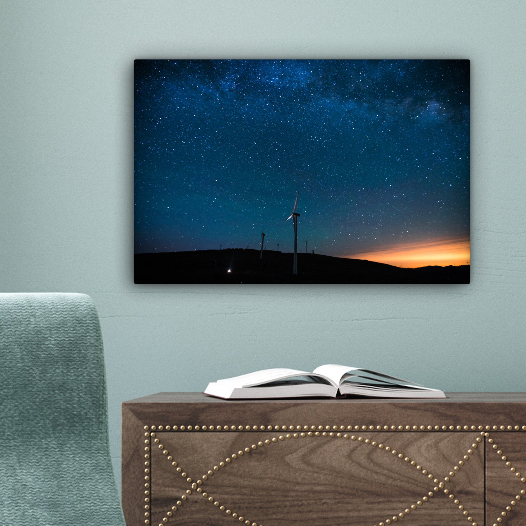 Berg, Leinwandbild Wandbild cm Sternenhimmel 30x20 - OneMillionCanvasses® Leinwandbilder, Aufhängefertig, Wanddeko, (1 Windmühle - St),