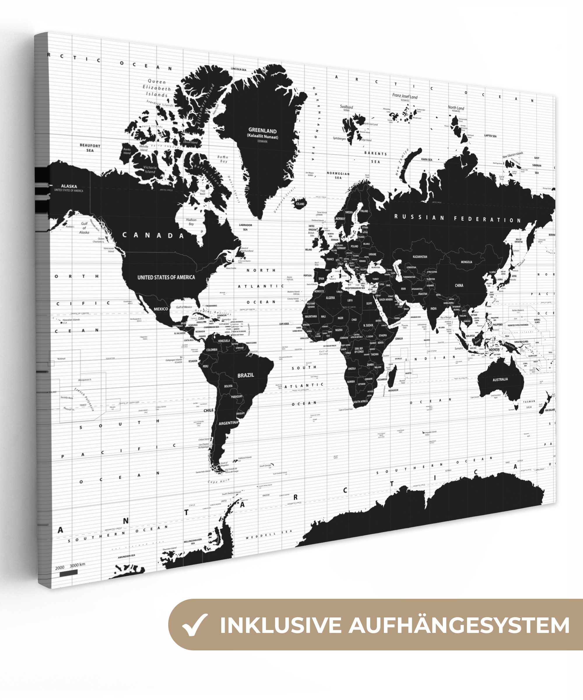 OneMillionCanvasses® Leinwandbild Weltkarte - Schwarz - Weiß - Atlas - Erde - Bildung, Fotodruck (1 St), Leinwand Bilder für Wohnzimmer Schlafzimmer 80x60 cm