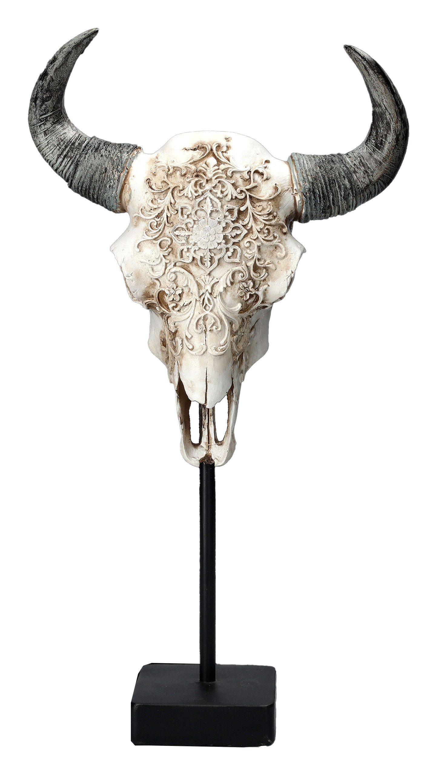 Figuren Shop GmbH Dekoobjekt Stier Totenkopf - Verziert mit Ständer - Western Totenschädel Deko