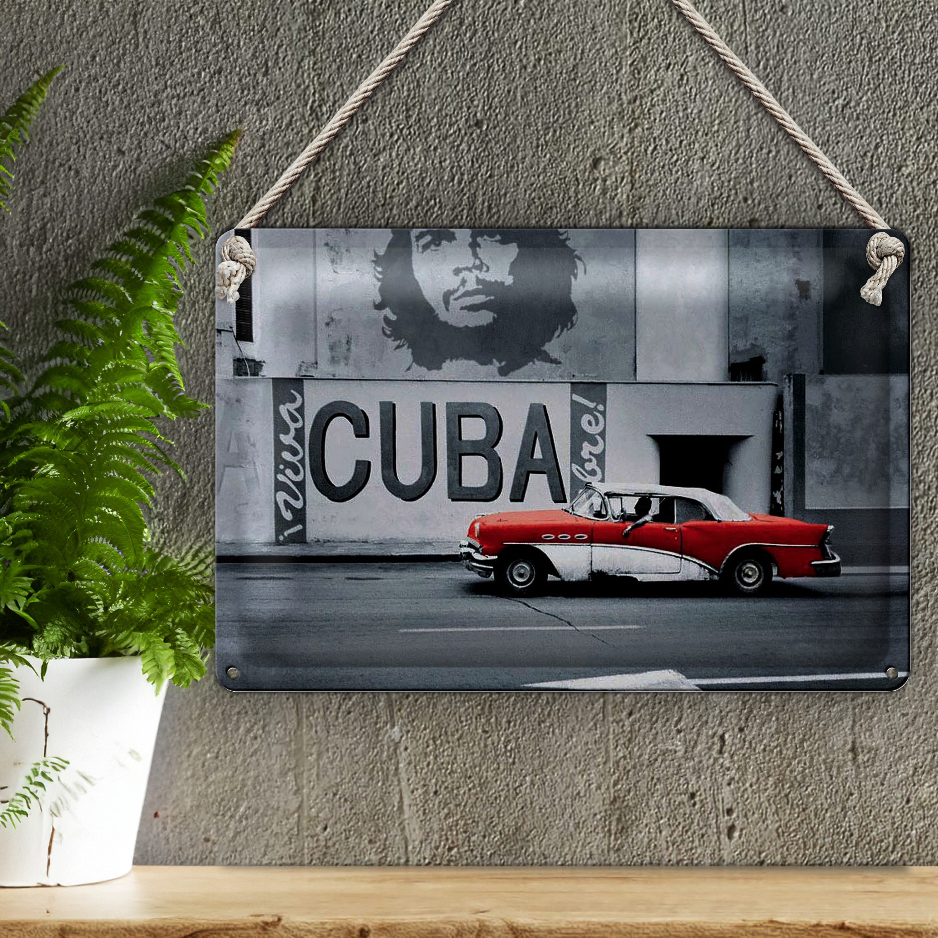 Roomando Metallschild 30x20cm Kuba Wandmotiv Che Guevara Auto rot-weißer Oldtimer Havanna