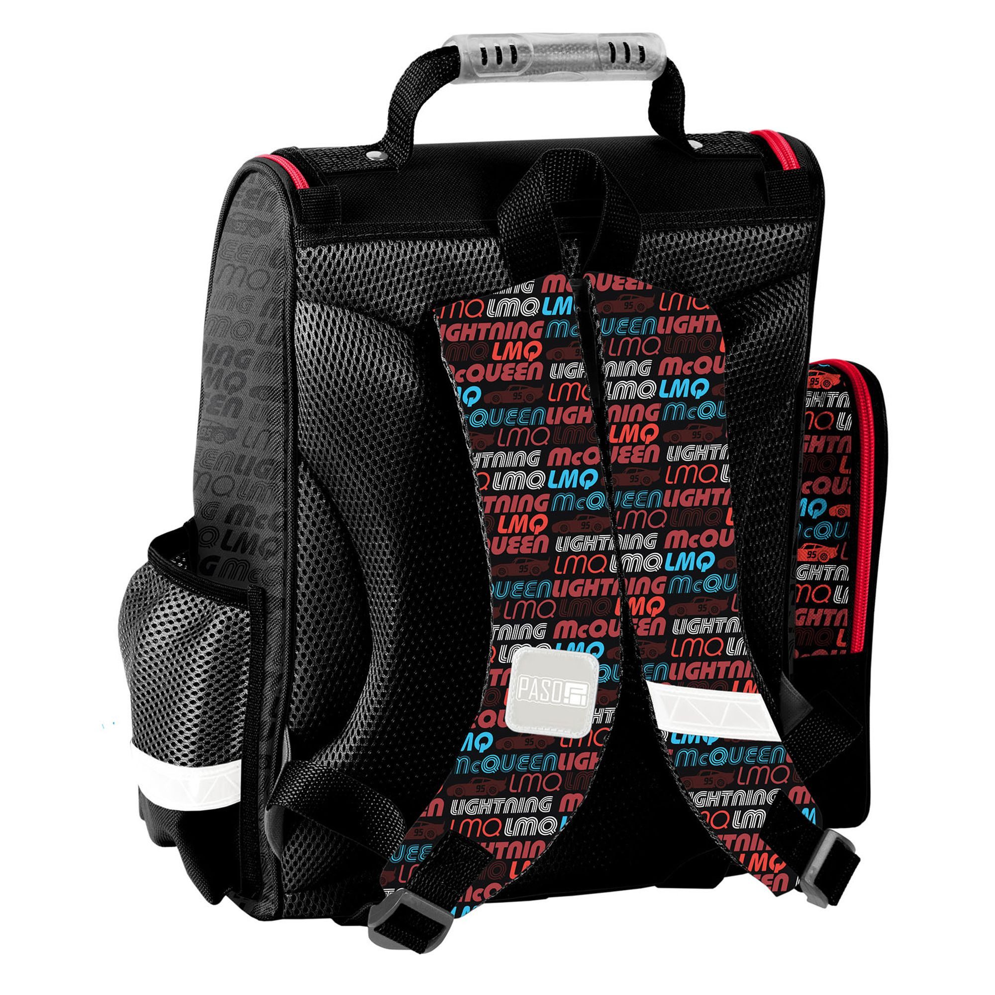 PASO Schulranzen SCHULSET: SCHULRANZEN, TURNBEUTEL, BEFÜLLTE FEDERMAPPE, CARS RUST-EZE (3-teilig), schwarz, rot, bunt