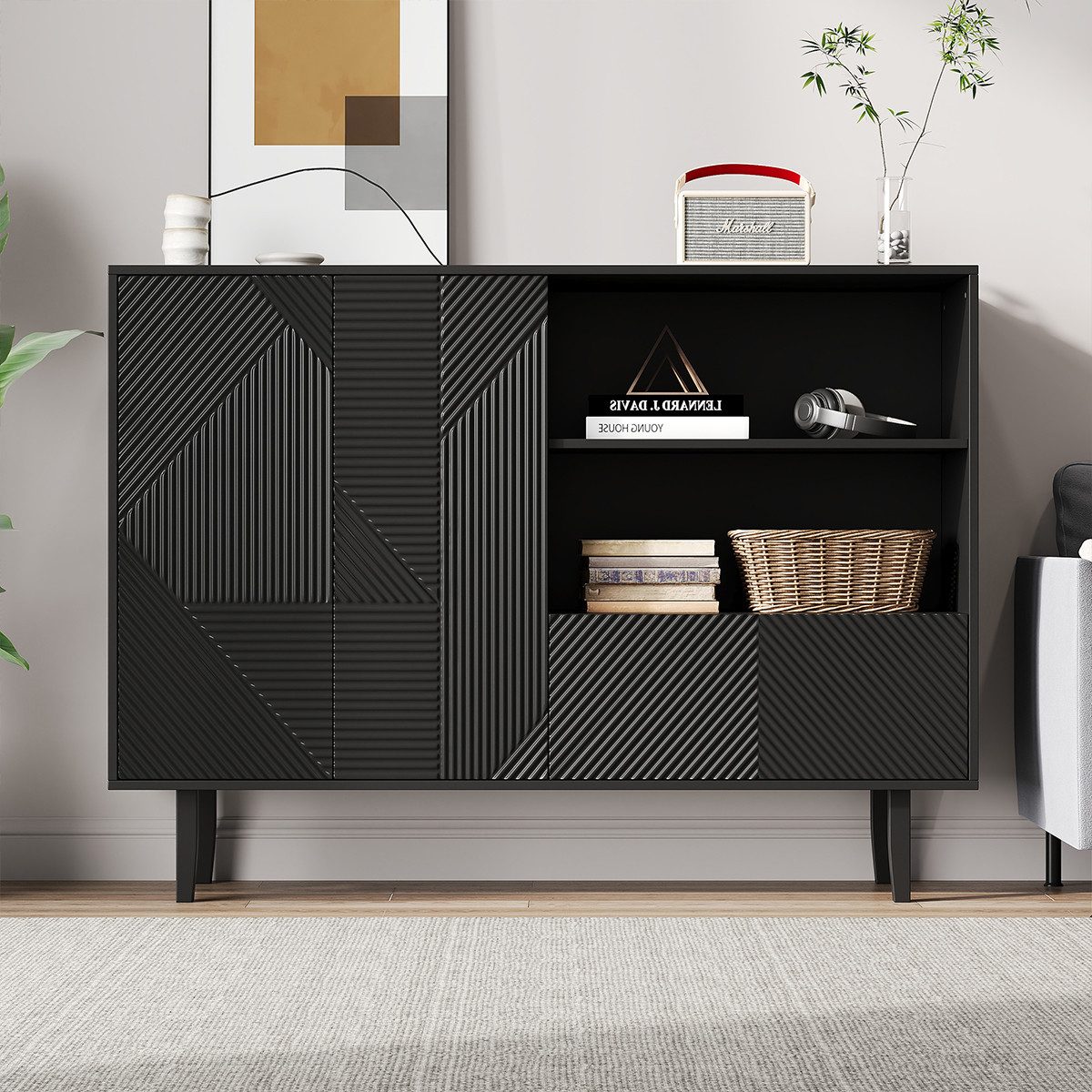 Sideboard Sideboard mit mattschwarzen Streifen 2 zu öffnenden Türen und