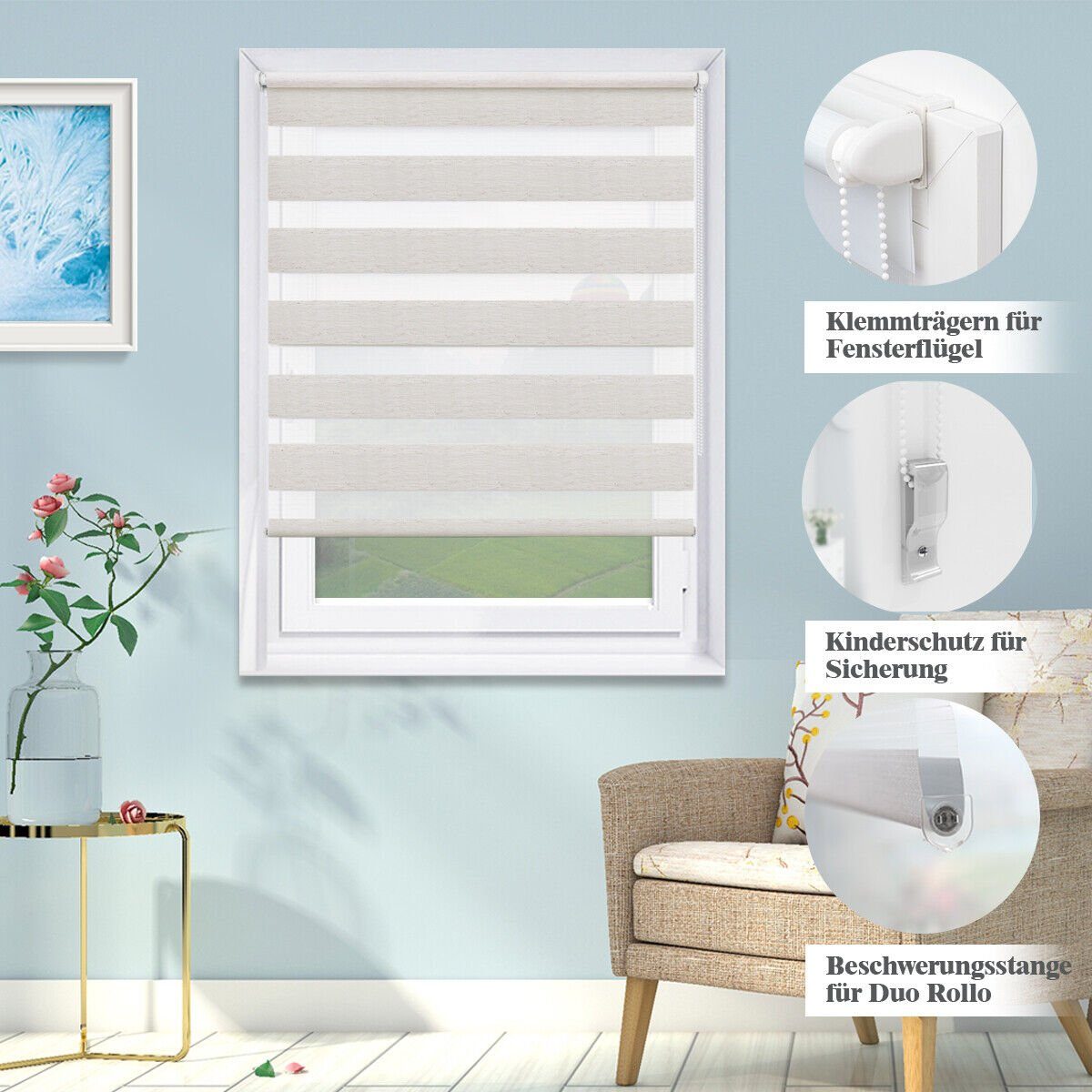 Doppelrollo ohne Bohren 130cm/150cm/230cm, OUBO, freihängend, Klemmfix, rollo für Fenster und Tür mit Klemmträger Lichtschutz und Sichtschutz – Bild 4 von 5