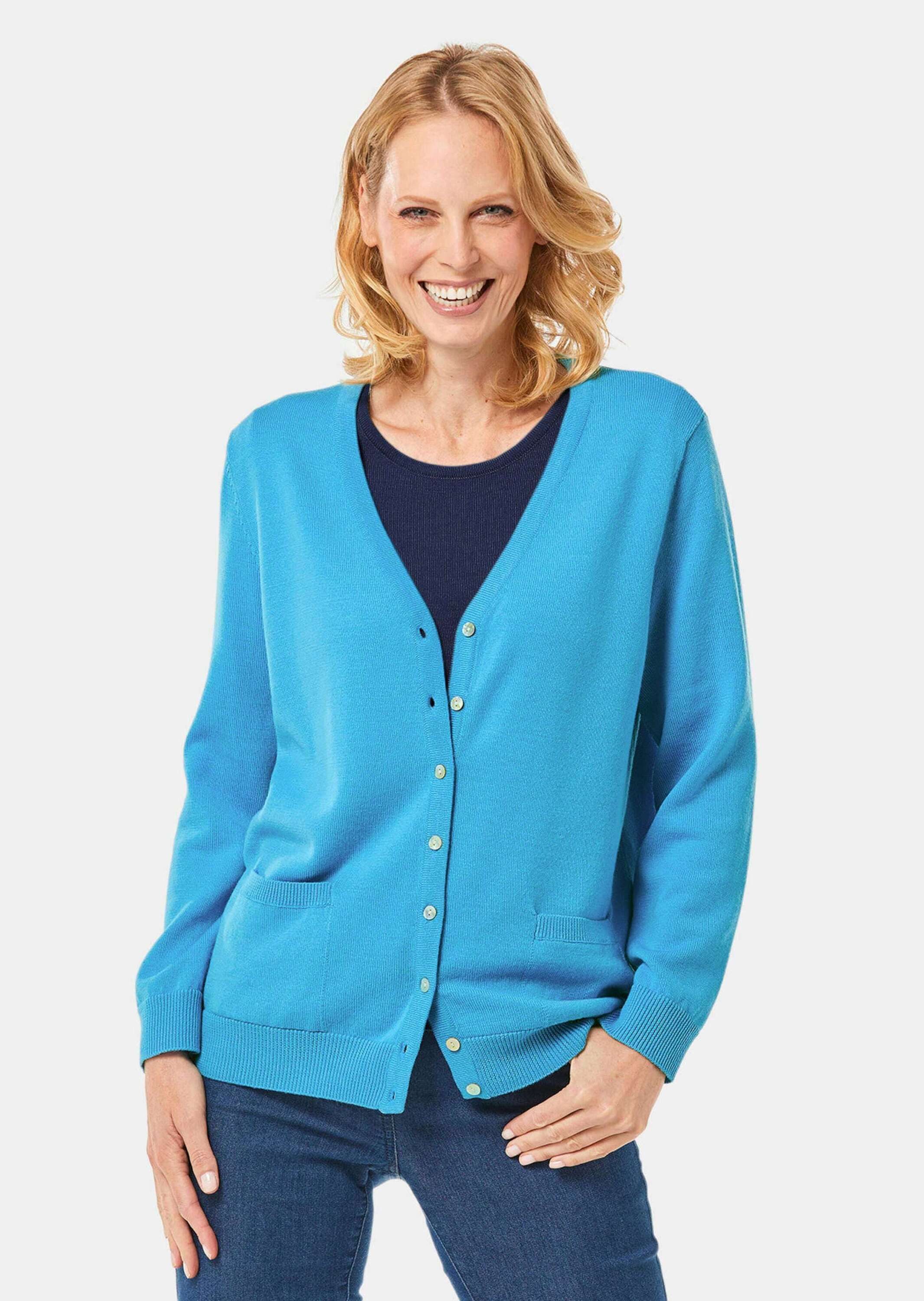 GOLDNER Strickjacke Uni Merino-Cardigan Langarm Damenjacke aus reiner Schurwolle, V-Ausschnitt, aufgesetzte Taschen