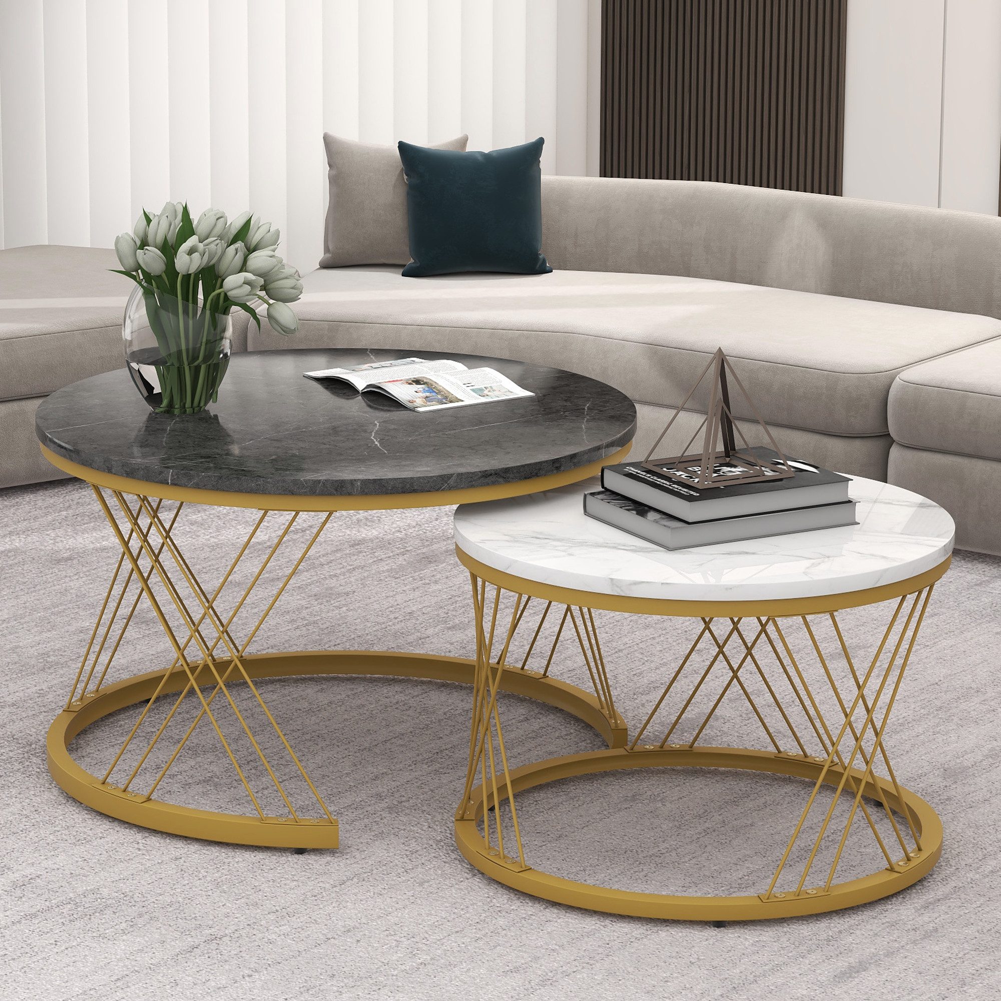Merax Couchtisch (2-St), hochglanz holz Satztisch, Marmoroptik,Metallrahmen günstig online kaufen