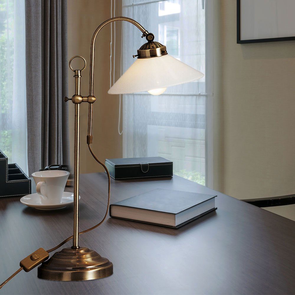 Leuchtmittel Lampe Landhaus Schreib Lese LED inklusive, Hochwertige messing Warmweiß, Tisch Tischleuchte, etc-shop Glas Stil