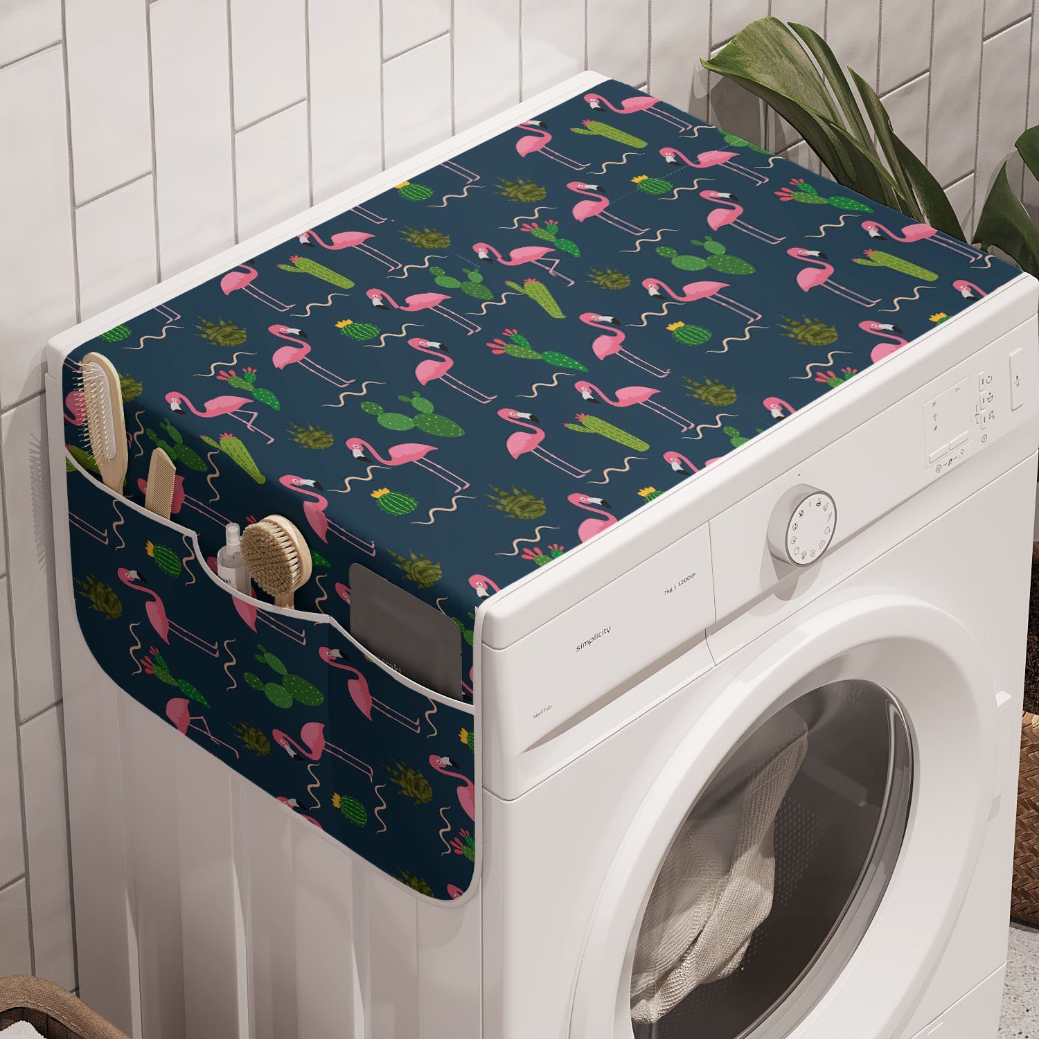 Abakuhaus Badorganizer Anti-Rutsch-Stoffabdeckung für Waschmaschine und Trockner, Dunkelpink Cactus Flamingo-Muster