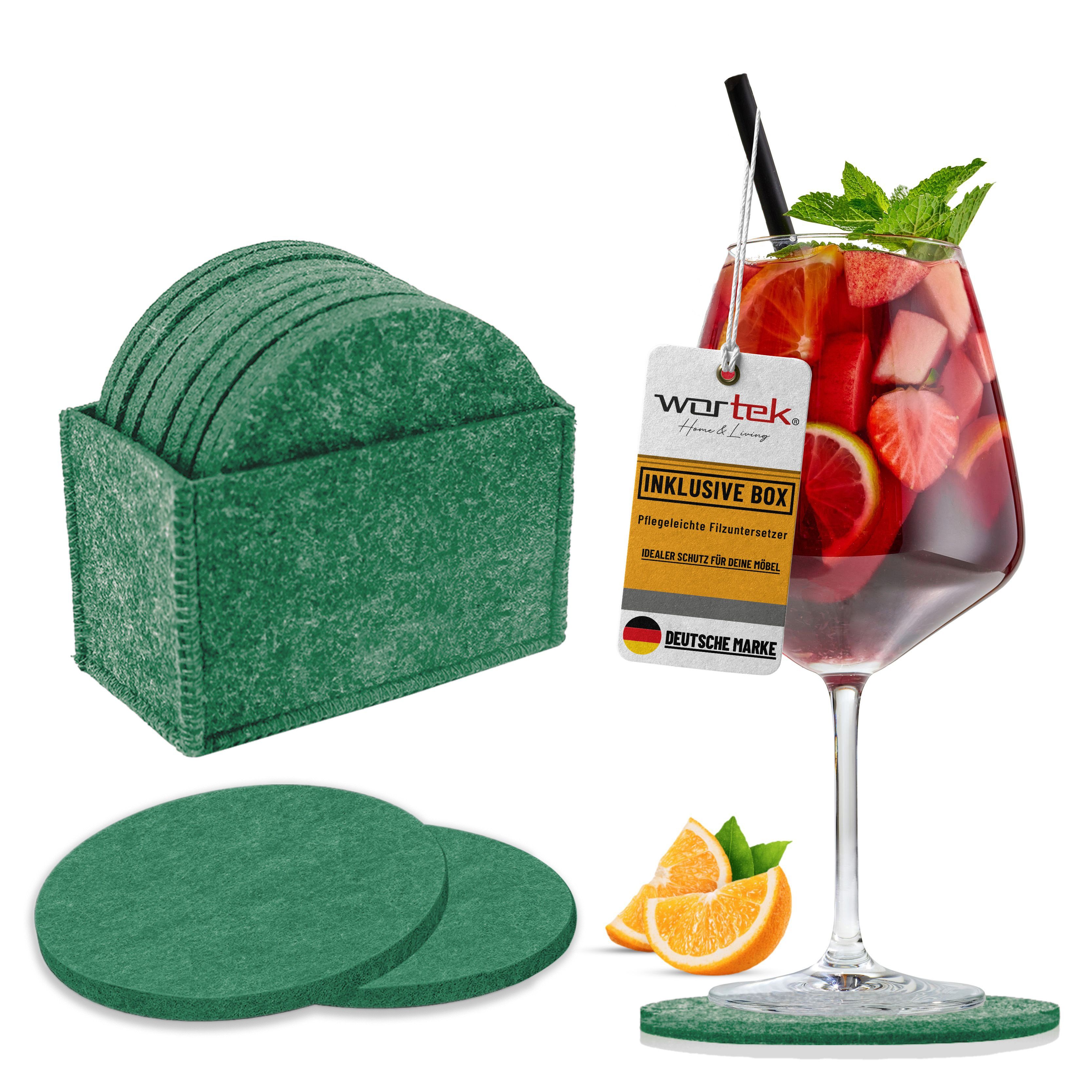 wortek Getränkeuntersetzer Filz-Untersetzer Rund für Gläser 10er Set + Box, Zubehör für Tisch & Gläser, Set, 10-tlg., waschbare Getränke Glasuntersetzer Gläser, Tischuntersetzer Filz 10 cm
