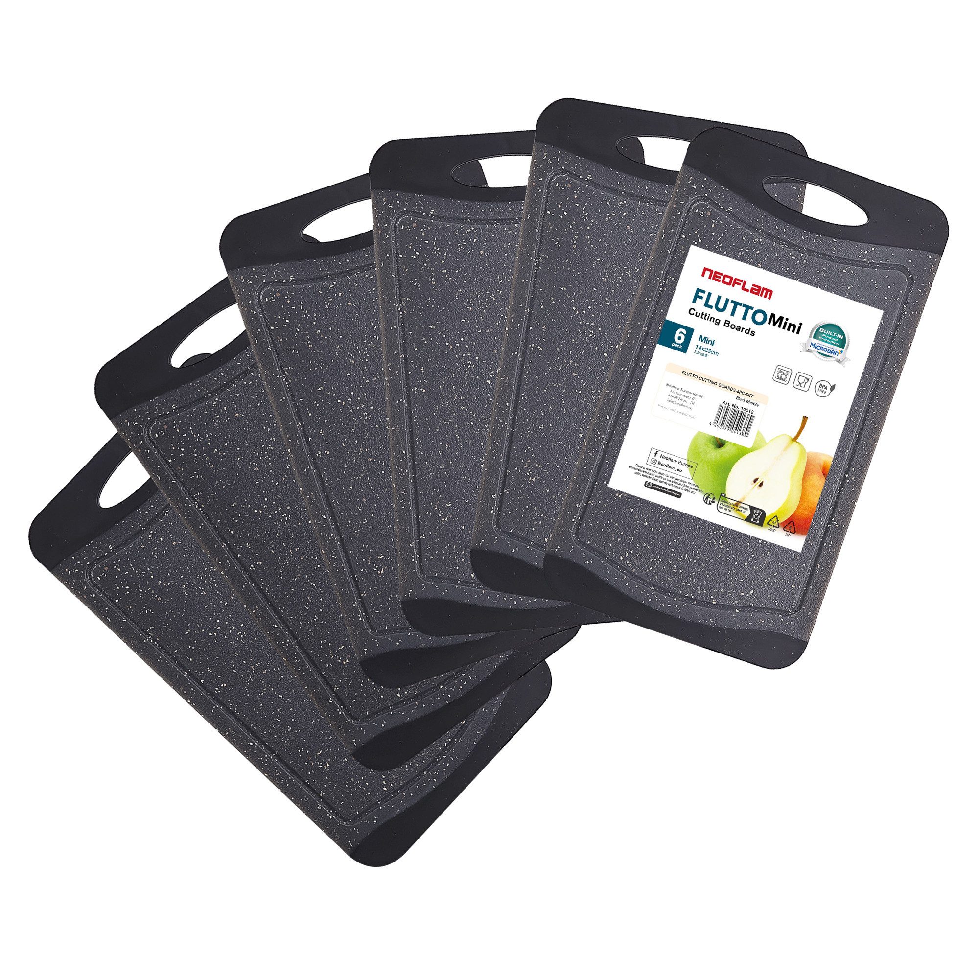 NEOFLAM® Schneidebrett Flutto Antibakterielles Frühstücksbrettchen Set 6tlg. - Granit/Schwarz, Kunststoff (PP), (6-St)