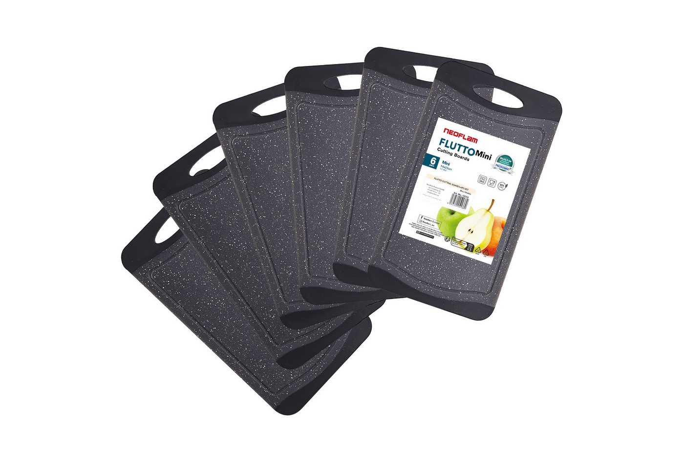NEOFLAM® Schneidebrett Flutto Antibakterielles Frühstücksbrettchen Set 6tlg. - Granit/Schwarz, Kunststoff (PP), (6-St)