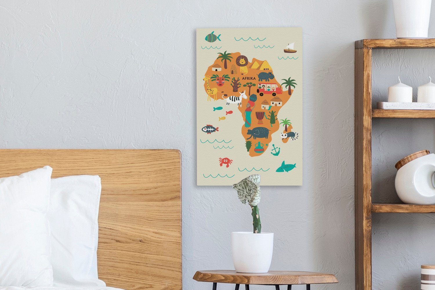 inkl. cm Gemälde, Leinwandbild 20x30 St), Leinwandbild - Kinder (1 OneMillionCanvasses® Afrika fertig - Weltkarte bespannt Orange, Zackenaufhänger,