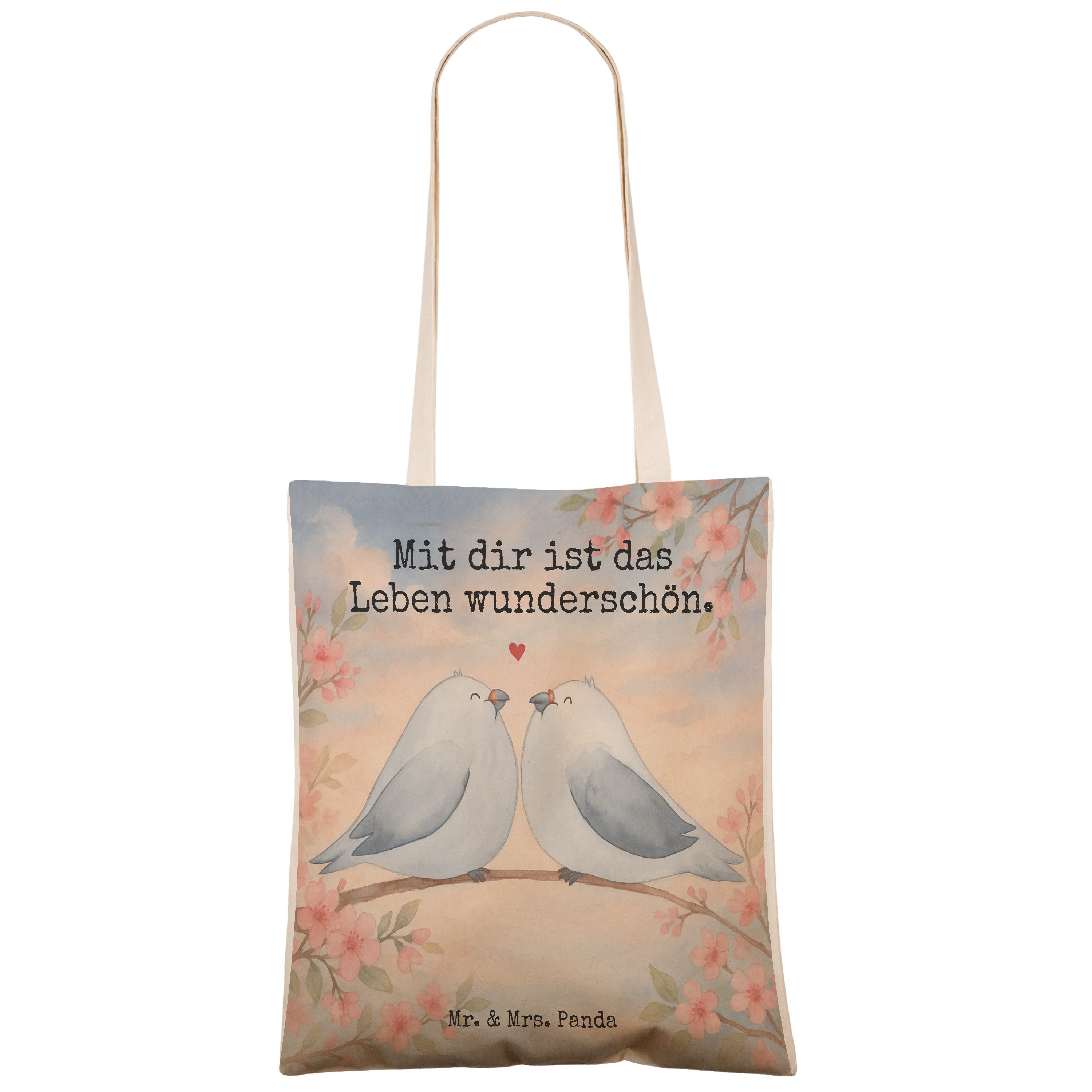 Mr. & Mrs. Panda Tragetasche Turteltauben Liebe Design, Tote Bag, Weiß, Tauben, Jahrestag, Tasche, (Packung), Geschenk Freizeittasche Jahrestag