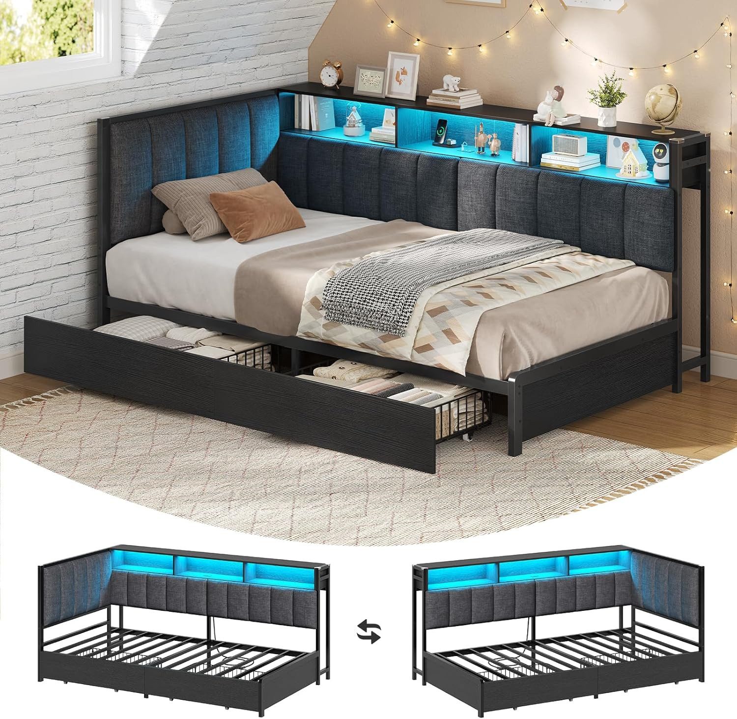 KIMENICH Polsterbett Jugendbett mit LED-Beleuchtung und Ladestation, Schlafsofa, Daybett (Ohne Matratze), Tagesbett mit 2 Schubladen und offenen Regalen, 90 x 200 cm