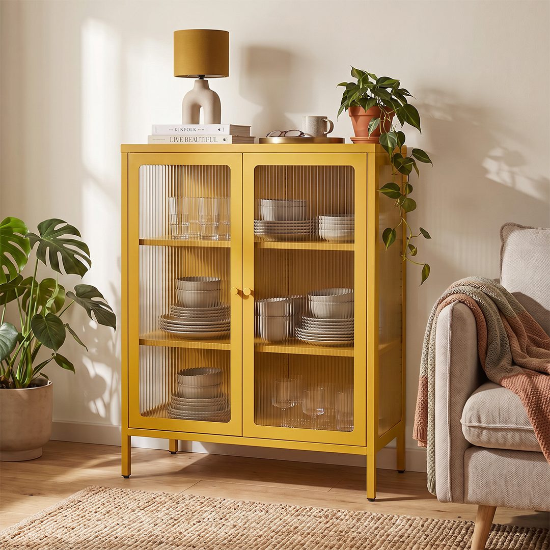skølm Highboard Norns Vitrinenschrank mit Glastüren (senfgelb, bis 80 kg belastbar, kratzfest), Metallkommode mit verstellbaren Fächern, Sideboard 100x38x80 cm