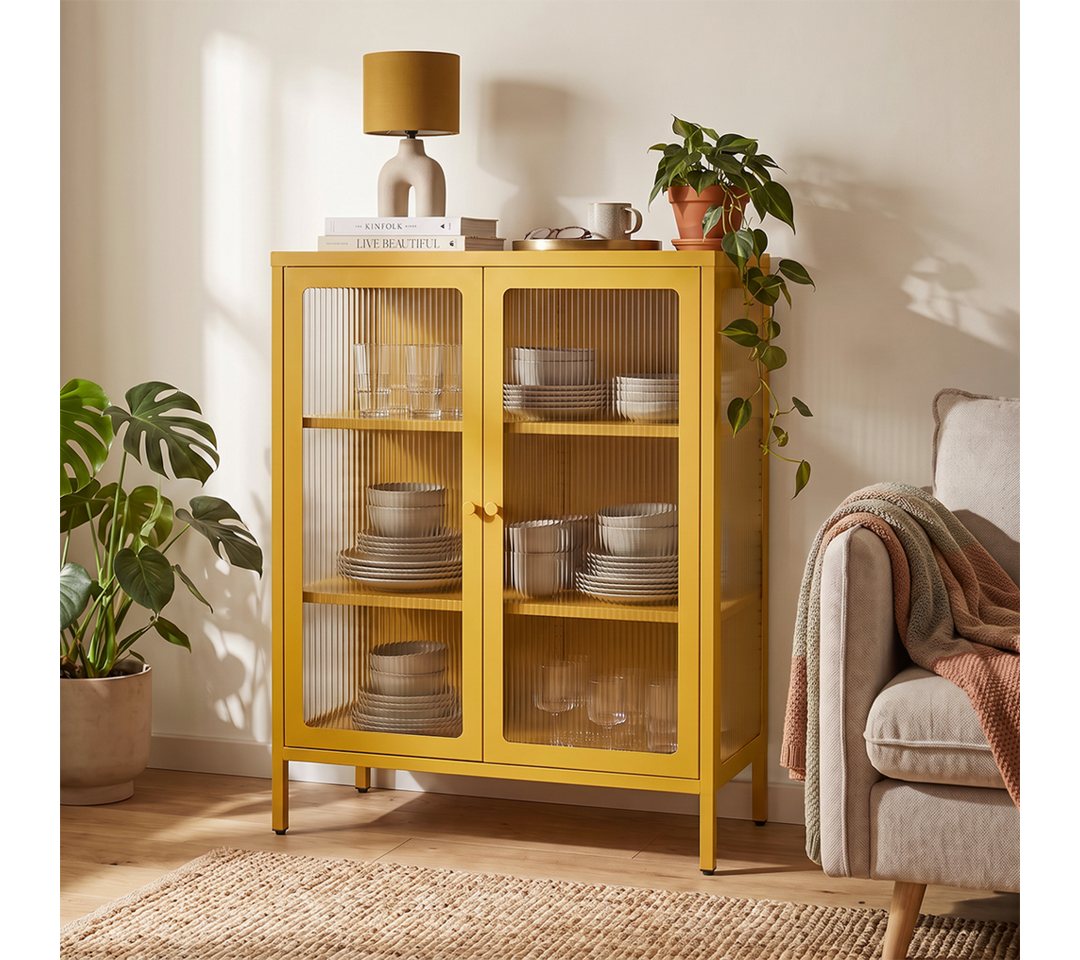 skølm Highboard Norns Vitrinenschrank mit Glastüren (senfgelb, bis 80 kg belastbar, kratzfest), Metallkommode mit verstellbaren Fächern, Sideboard 100x38x80 cm
