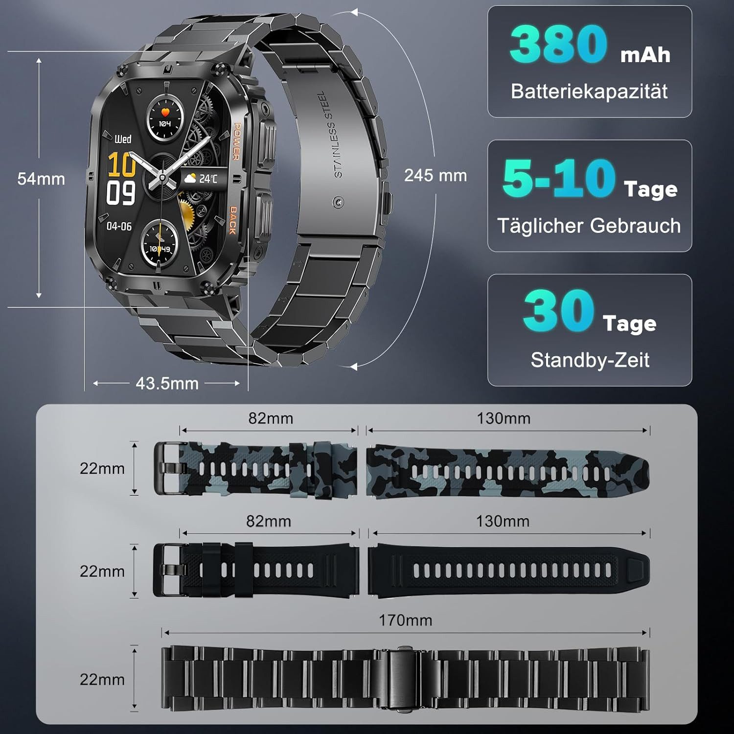 MEGALITH Herren"s Militär Fitnessuhr; mit Telefonfunktion IP67 Bluetooth Smartwatch (4,9 cm/1,96 Zoll, Android/iOS), Robuste Outdoor Fitnessuhr mit 110 Sportmodi und AMOLED Display