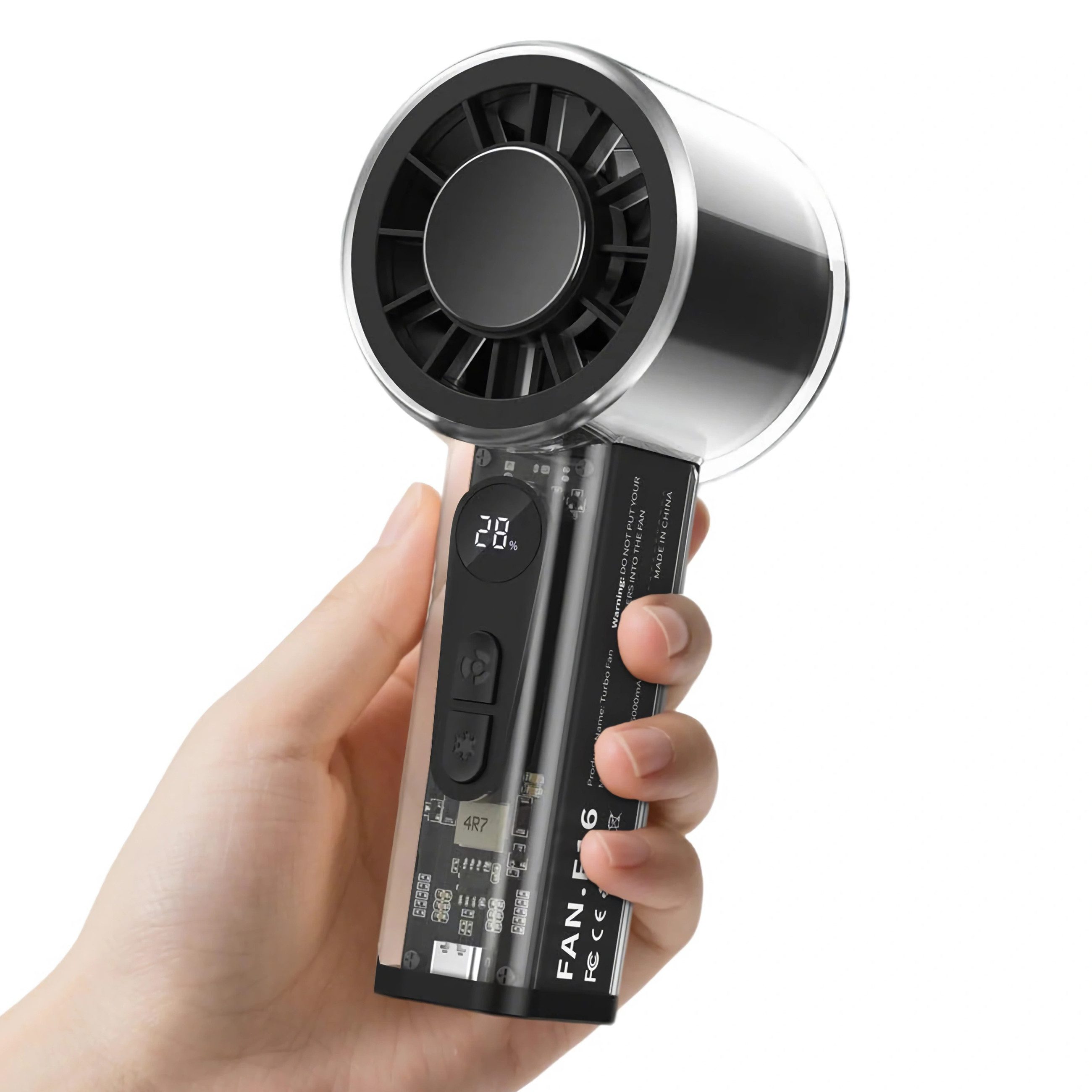 Bolwins Handventilator R07C Turbo Handventilator mit Eiskühlung, 100 Stufen, USB-C, 5000mAh, 6,6 cm Durchmesser, 100 Stufen, LED-Display, Eiskühlung, 5000-mAh-Akku, USB-C-Anschluss