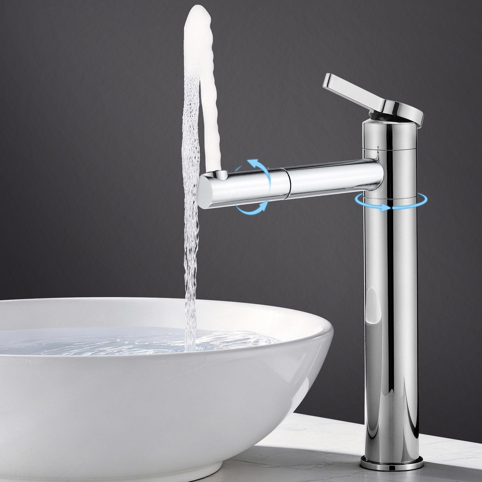 DESFAU Waschtischarmatur Hochdruck Waschtischarmatur Edelstahl 304 Hoch Wasserhahn 360° Drehbar Hoher Badarmatur für Aufsatzwaschbecken mit schwenkbarem Auslauf