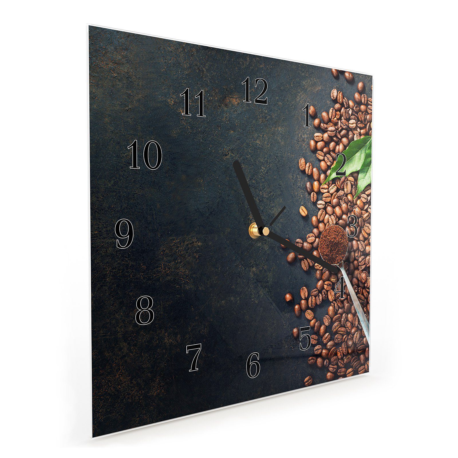 x 30 Glasuhr und Wanduhr Blätter mit Kaffeebohnen Größe 30 Motiv Primedeco Wandkunst cm Wanduhr