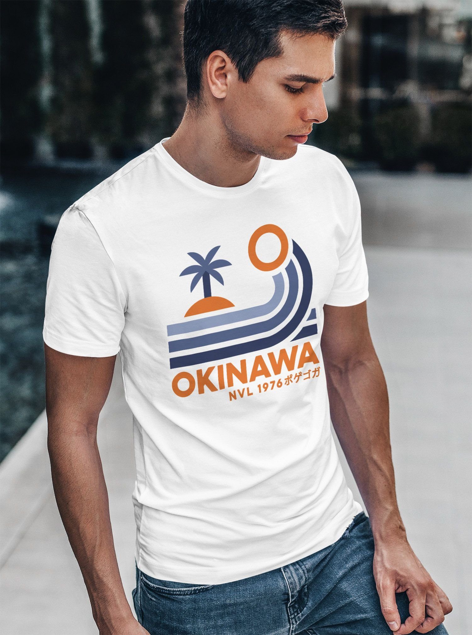 Fashion Streetstyle T-Shirt Print weiß Welle Print-Shirt Herren Retro mit Okinawa Schriftzug Japan Neverless® Neverless Palme
