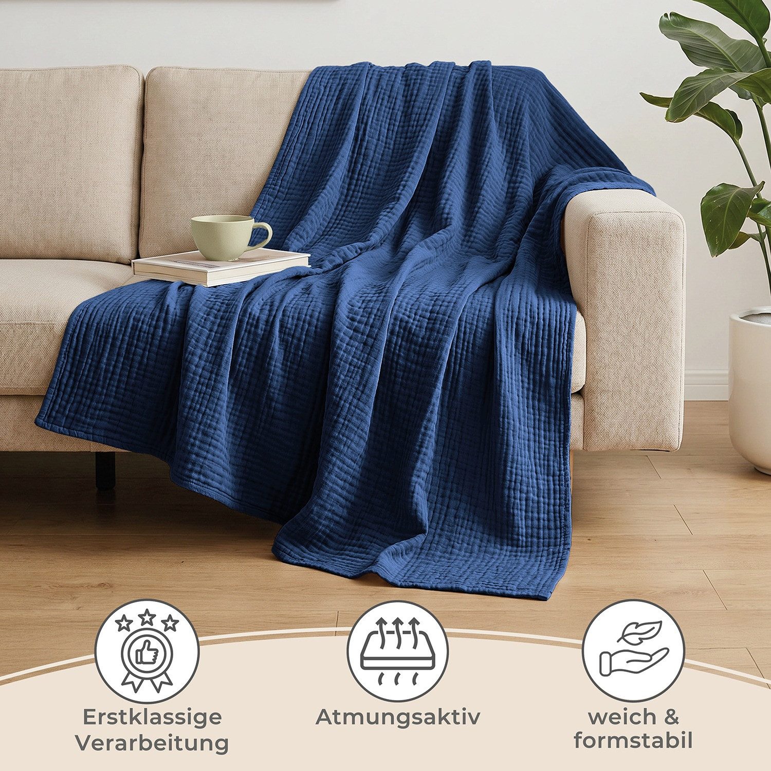 Laynenburg Tagesdecke Musselin aus 100% Baumwolle – Baumwolldecke, Kuscheldecke, Wohndecke als Sommerdecke, Bett-Überwurf, Couch-Überwurf, Sofa-Decke – Bild 5 von 5