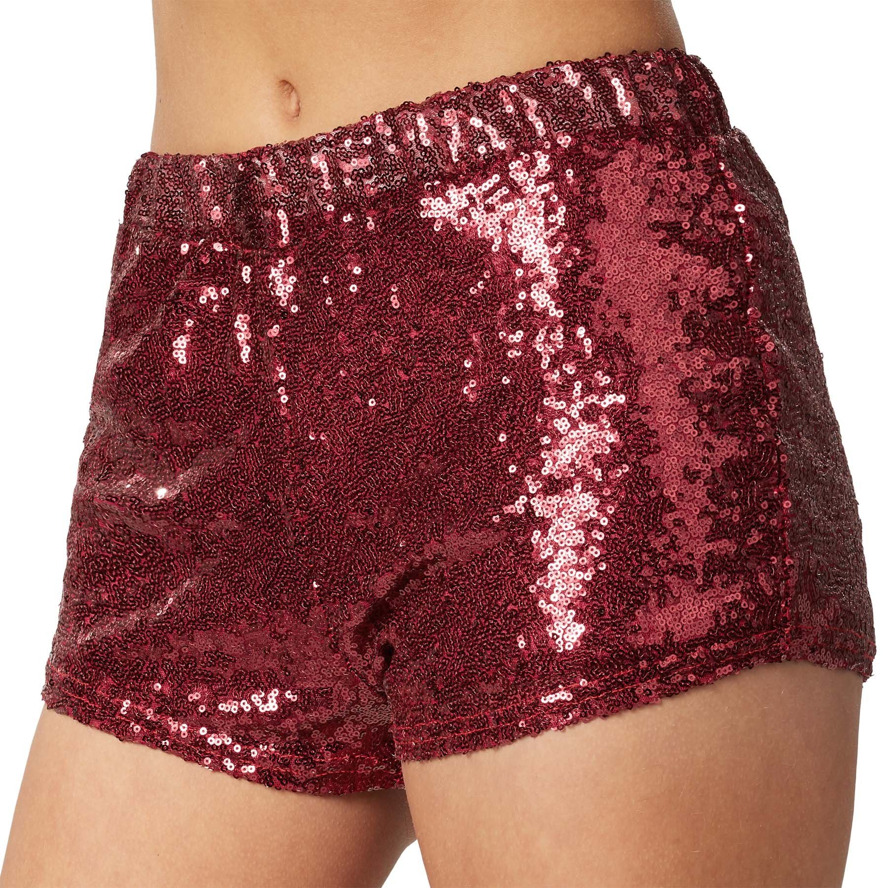 dressforfun Hotpants Shorts mit glänzenden Pailletten, für viele Outfits und Anlässe (Kurzhose, Konfektionsgröße L in bordeaux) Hoher Tragekomfort, guter Sitz, Bund mit Gummizug, Länge ca. 28 cm