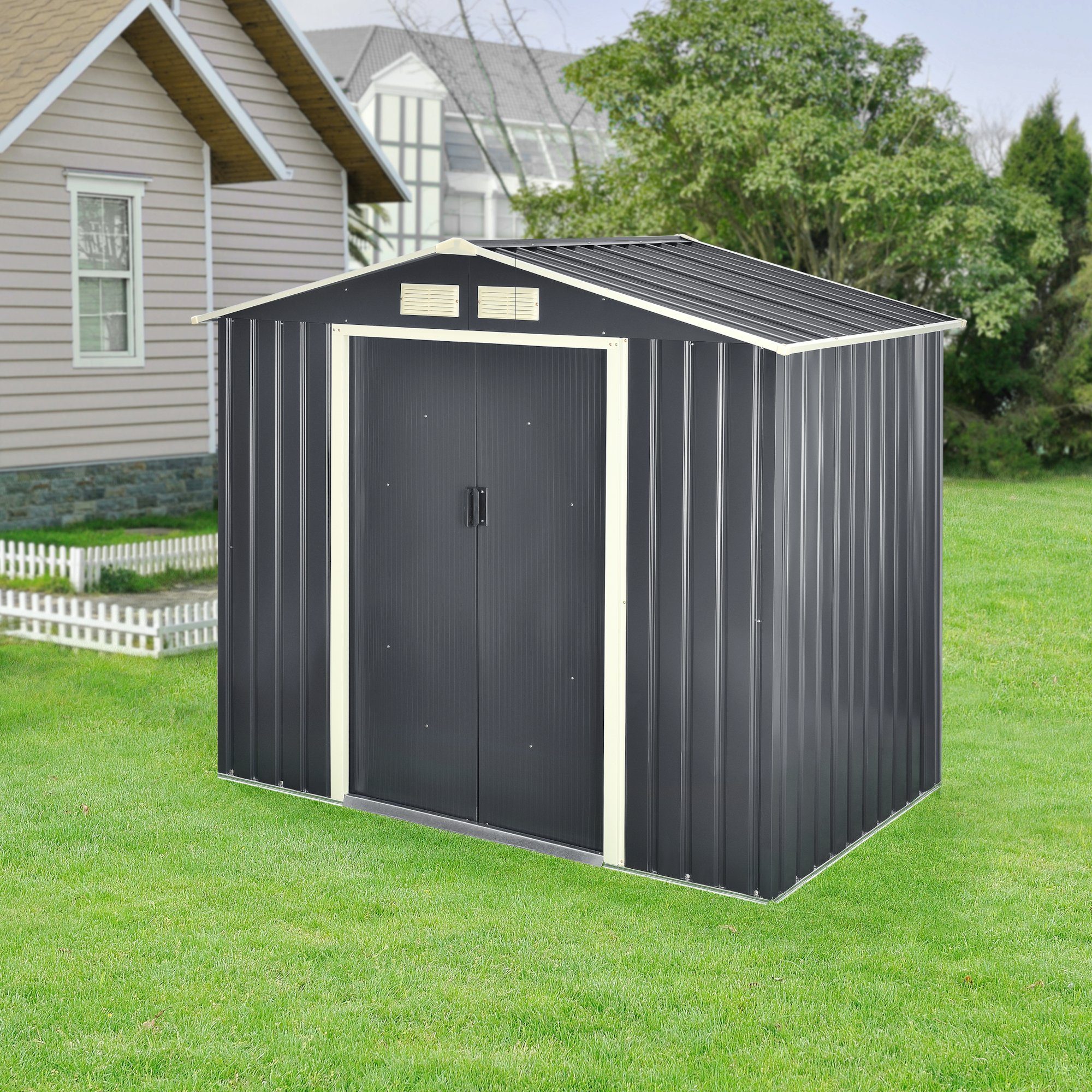 en.casa Gartenhaus, BxT: 213x127 cm, Gartenschuppen Metall Satteldach 213x127x185cm Dunkelgrau