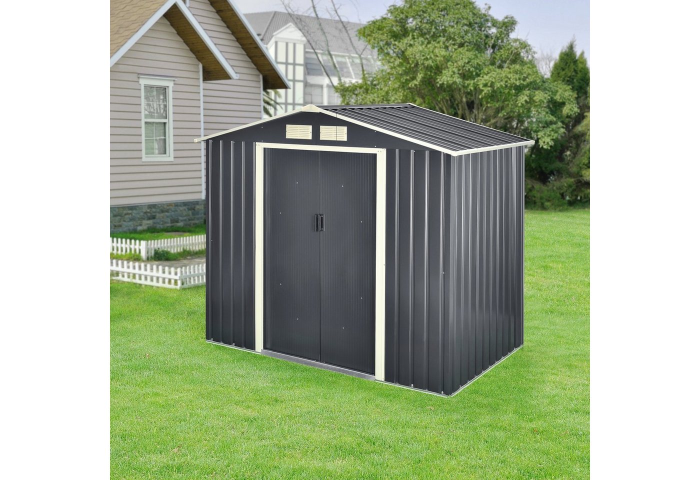 Thumbnail - en.casa Gartenhaus, BxT: 213x127 cm, Gartenschuppen Metall Satteldach 213x127x185cm Dunkelgrau