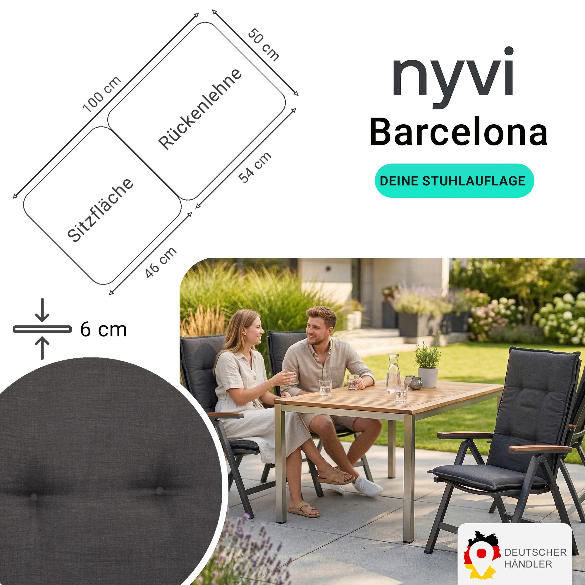 NYVI Sitzauflage Niedriglehner Auflage Barcelona Gartenstuhlauflagen 100x50cm, (1 St), Niederlehner Stuhlauflage Sitzauflage mit Halteband