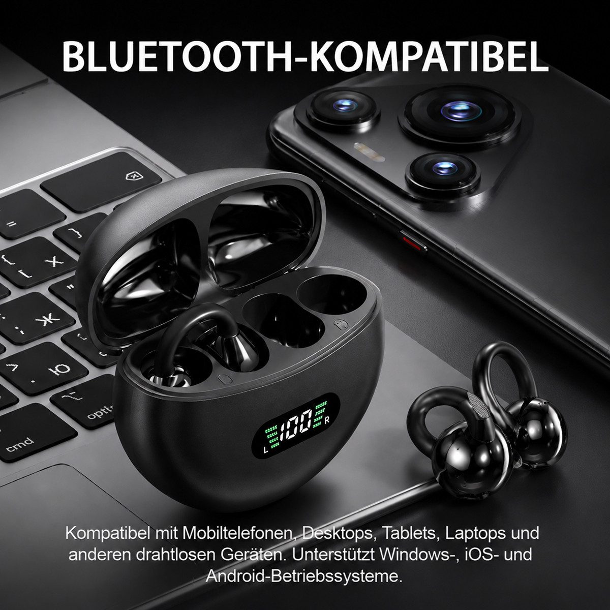 Vashoy Bluetooth kopfhörer mit ohrclip,offene KI-Übersetzung&Protokoll Bluetooth-Kopfhörer (148 Länder Übersetzungsfunktion, Bluetooth 5.4, Neuartiges Ohrclip-Design,IPX5 wasserdicht,geeignet für Sport und Büro)
