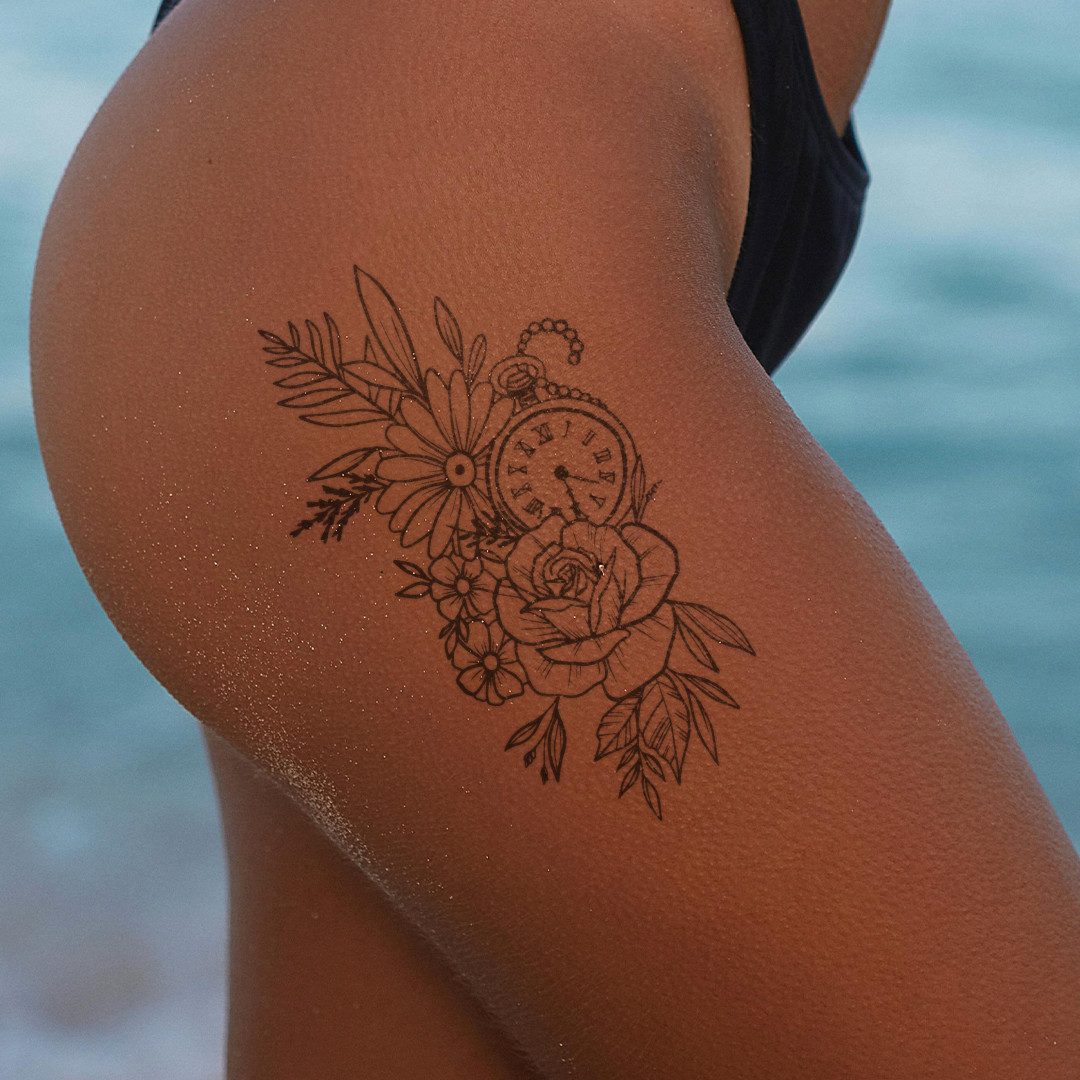 Inkster Schmuck-Tattoo Blumen und Taschenuhr Tattoo, wasserfestes temporäres Tattoo, 2 Wochen Halt