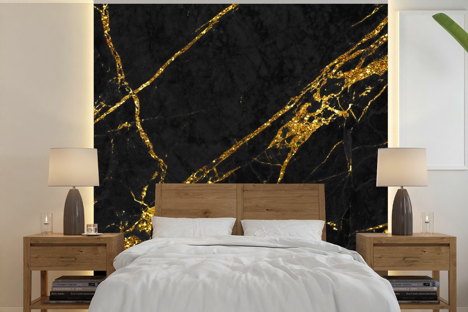 Schwarz Fototapete Schlafzimmer - bedruckt, Hip, Gold Fototapete (4 St), für Matt, Vliestapete Wohnzimmer Küche, Marmor - MuchoWow -