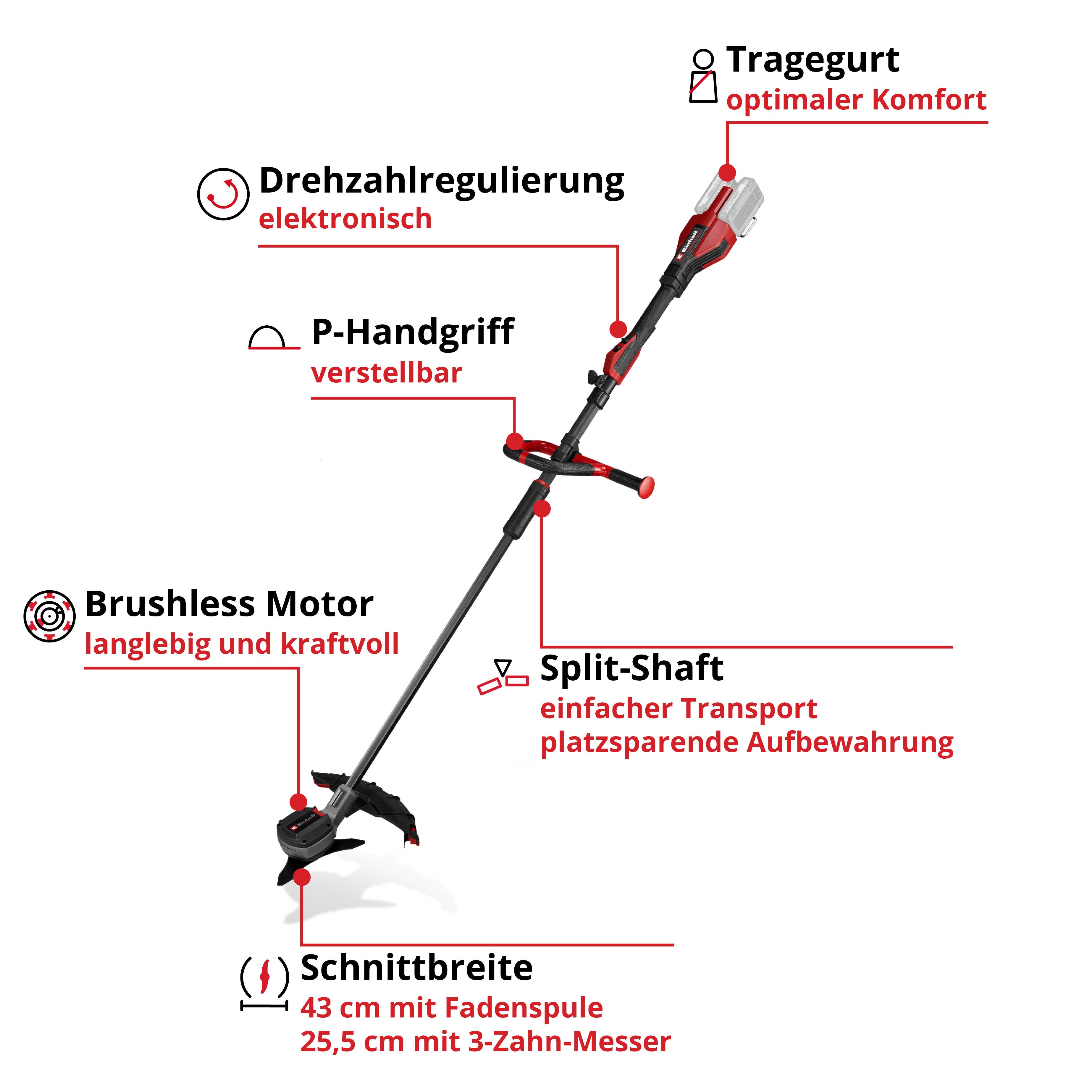 Einhell Akku-Motorsense GP-BC 36/430 Li P BL-Solo, 25,5 cm Arbeitsbreite Messer, 43 cm Arbeitsbreite Faden, ohne Akku und Ladegerät
