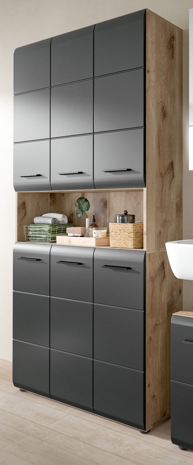 Inn.Furn Hochschrank Cover (6-türiger Bad- und Mehrzweckschrank Schwarz und Eiche, 90 x 185 cm) mit 12 Fächern
