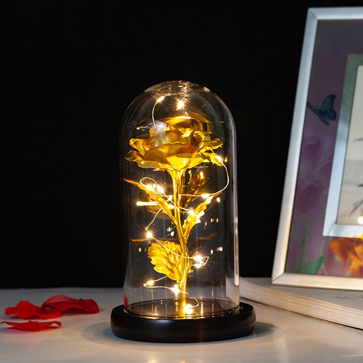Kunstblume Konservierte Rose mit LED-Licht und Glasabdeckung, MAGICSHE