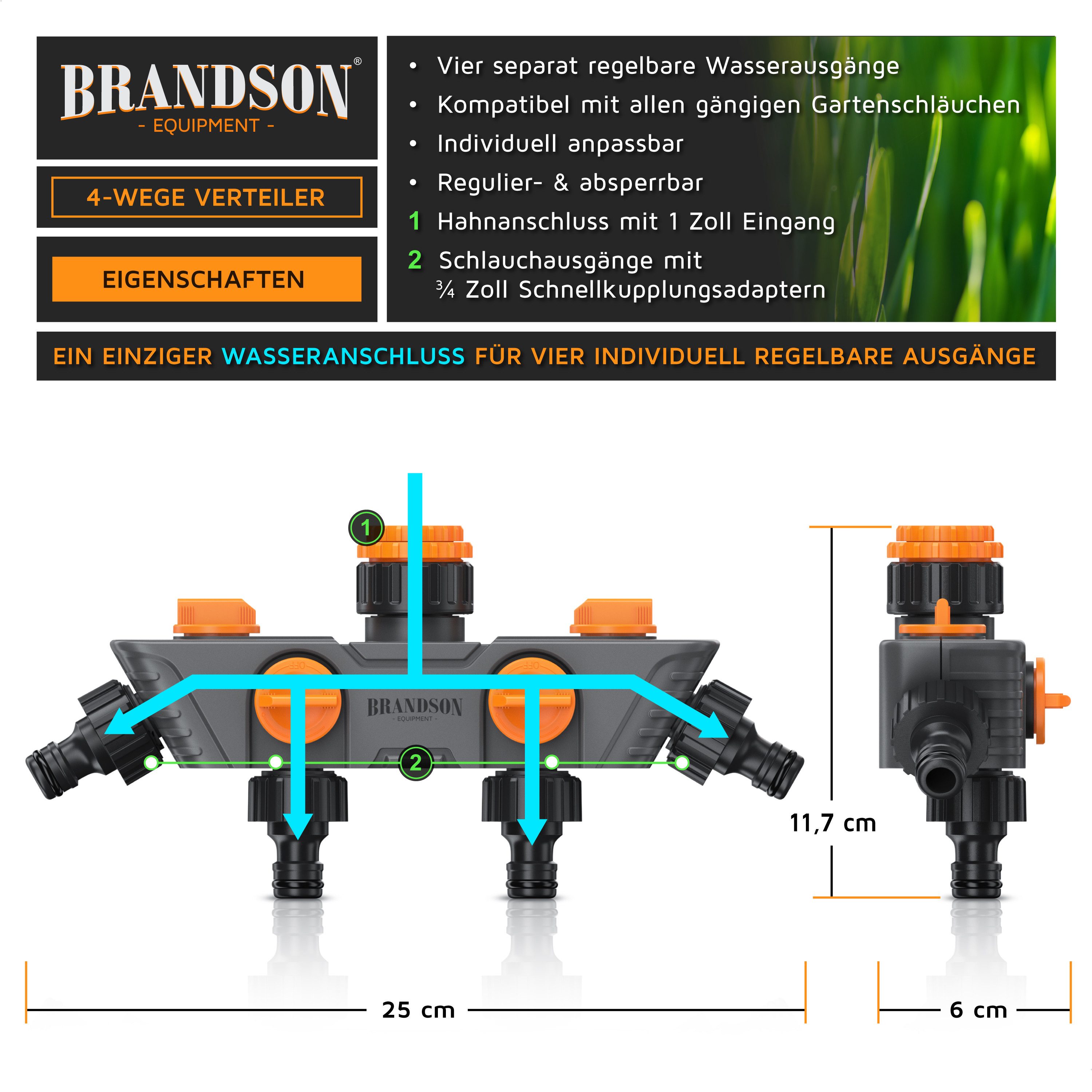 Brandson 4-Wege Verteiler 4-fach Schlauchverteiler, Gartenschlauch Wasserverteiler, 3/4 1/2 Zoll, (1-tlg), Regulierbarer 45° Wasserhahn Schlauch Verteiler für Gartenbewässerung