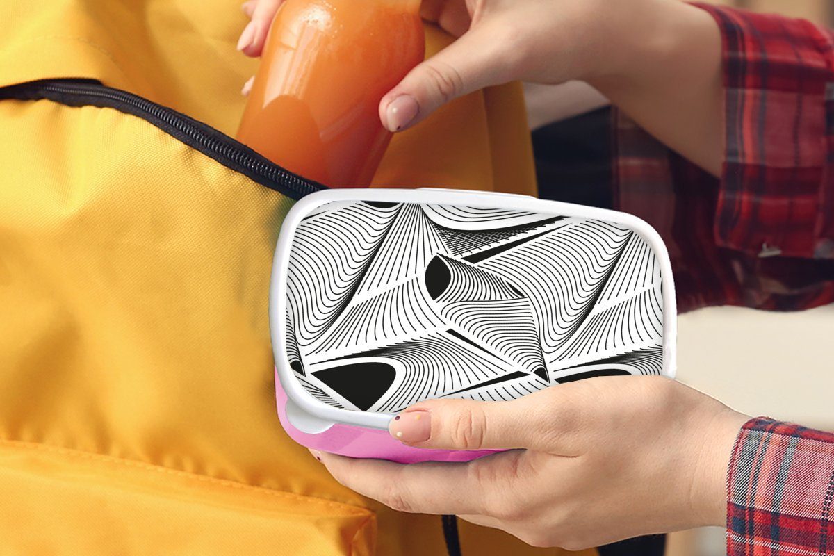 Kunststoff Brotbox für Snackbox, - MuchoWow Kunststoff, Lunchbox Muster Schwarz Erwachsene, Brotdose und Kinder, rosa - Abstrakt Weiß, Mädchen, (2-tlg),