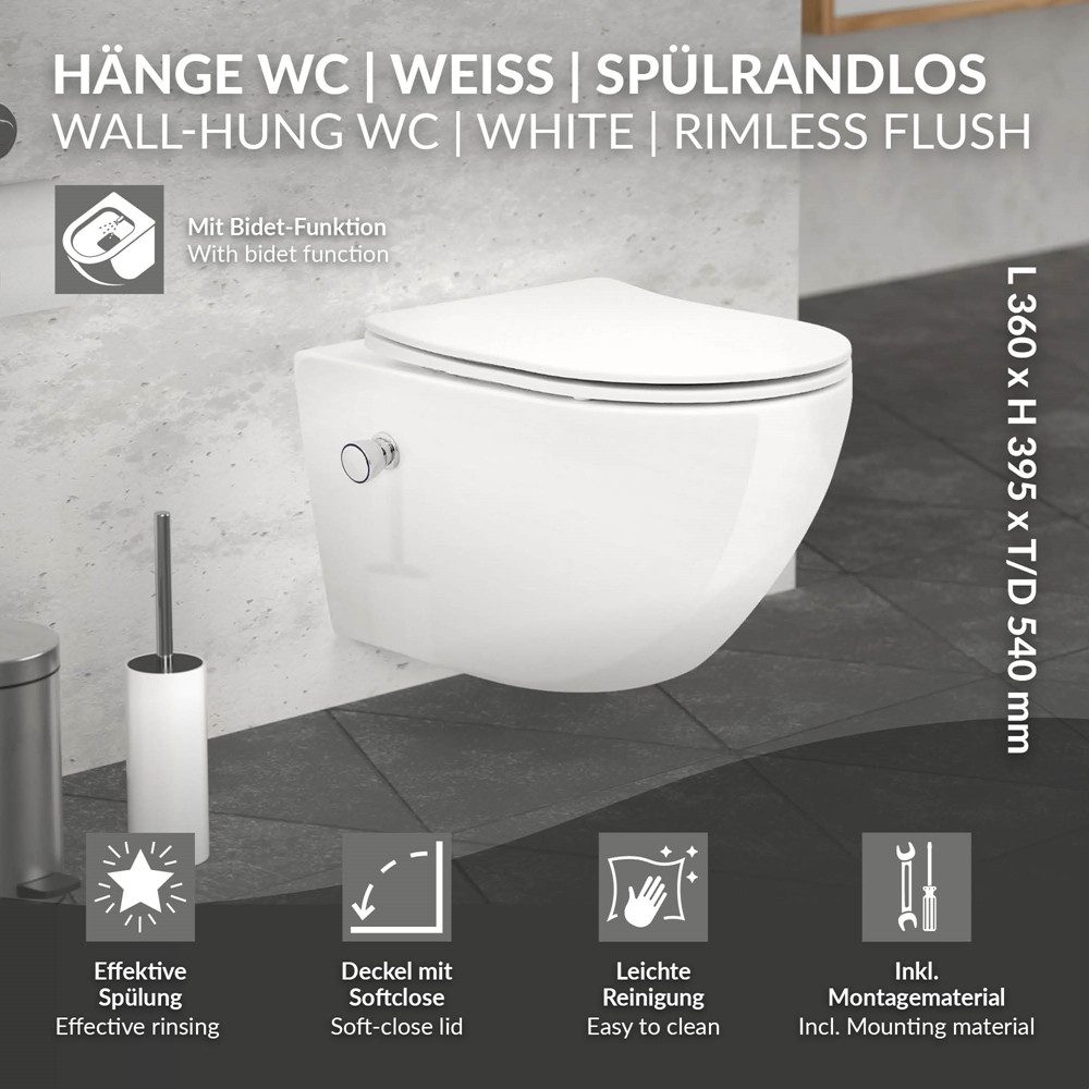 LuxeBath Tiefspül-WC Spülrandloses Hänge WC Keramik mit WC-Sitz abnehmbar Softclose, Wand-WC lang Weiß mit Bidet Funktion Toilettensitz Duroplast