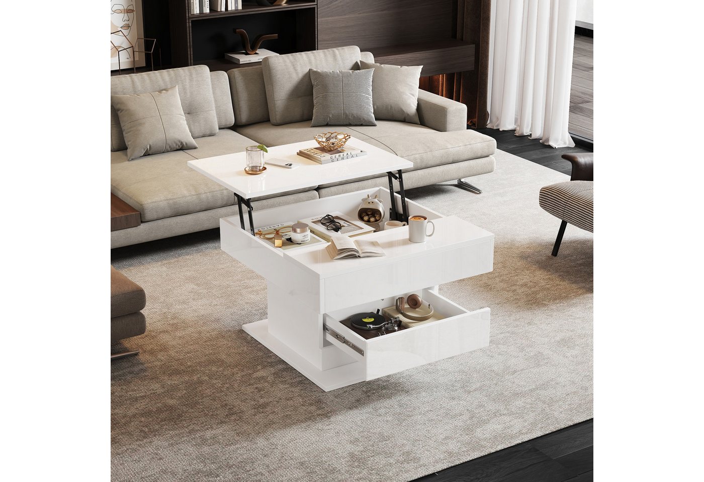 STILVORA Couchtisch mit Schublade,Wohnzimmertisch Sofatisch 360° drehbar mit Hochglanz (Kaffeetish, 1-St., 1 Schublade), hochglänzende Wohnzimmertisch mit verstecktem Stauraum