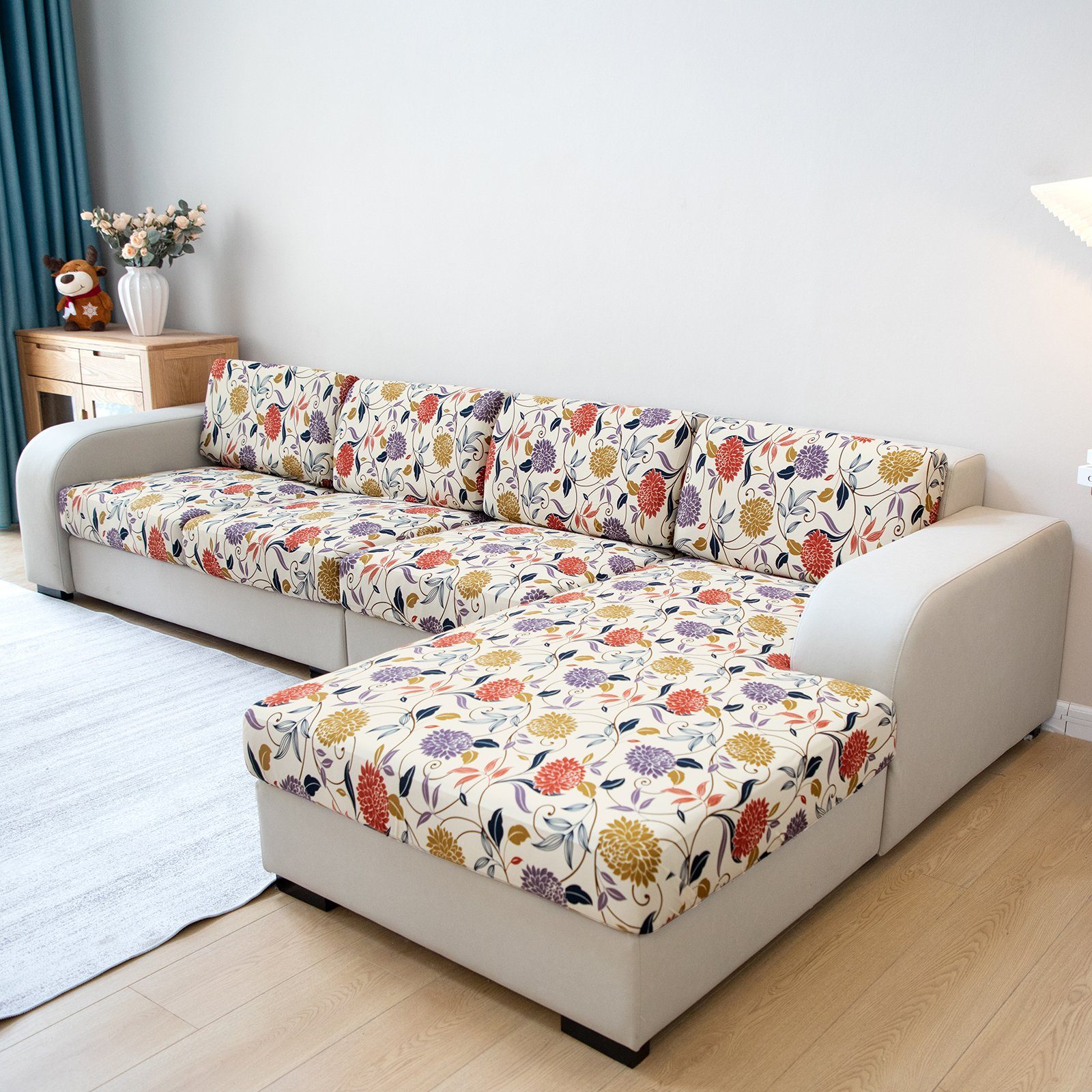 Ultradünn, Sofa, Stretch, mit ein Creme Blumendruck, Sofahusse Rosnek für L-förmiges