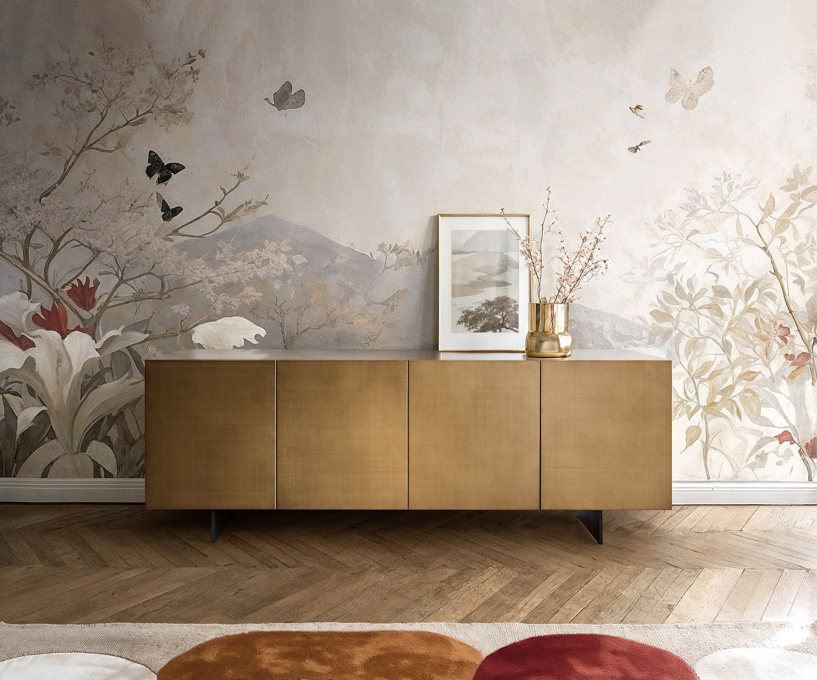 DELIFE Sideboard Aira, Metallic Gold 200 cm 4 Türen schwebend Metall Schwarz Sideboard