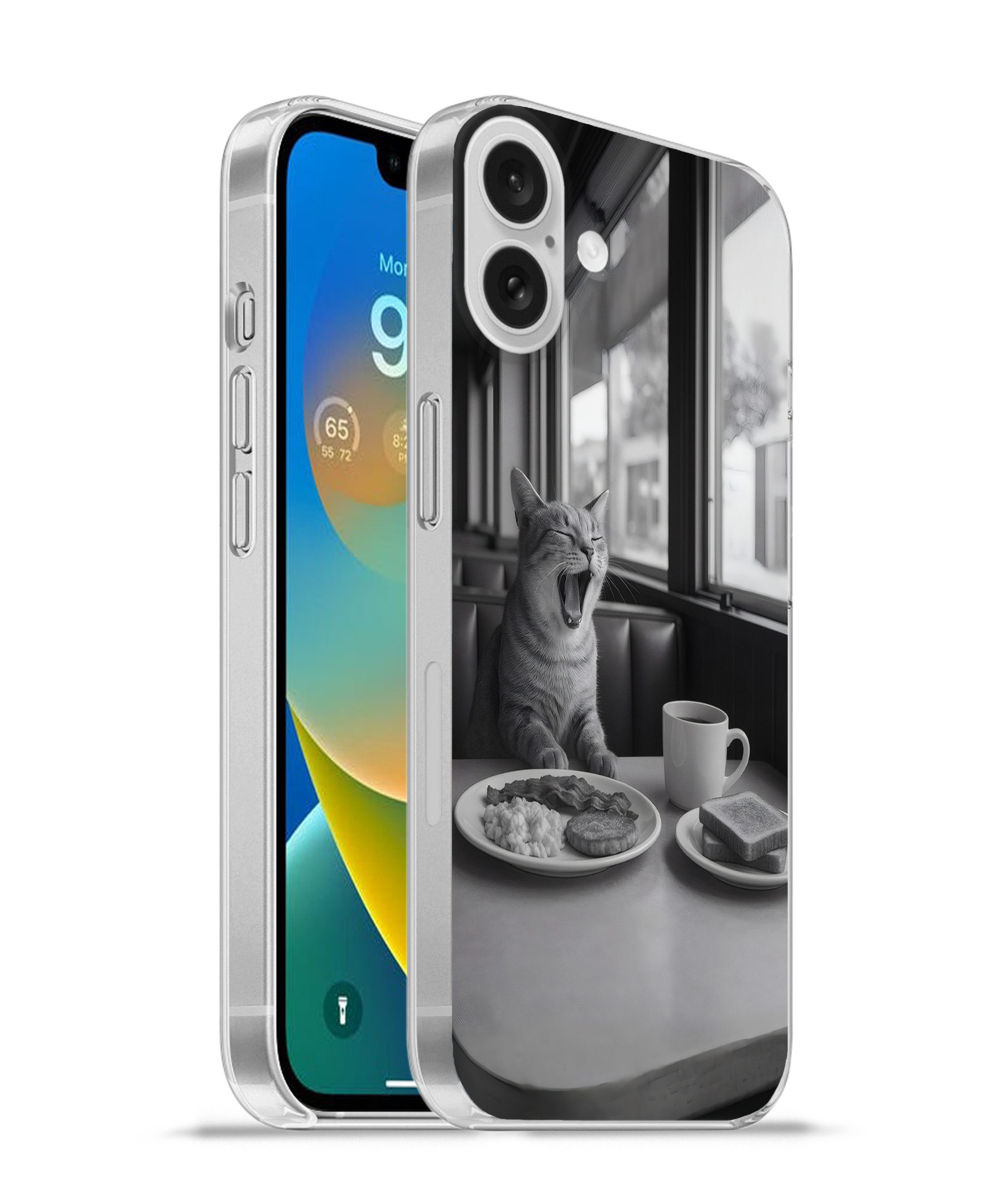 MuchoWow Handyhülle für Apple iPhone 16 Plus Katze - Kaffee - Brot - Schwarz, Smartphone-Bumper, Print, Handy Schutzhülle Dünn