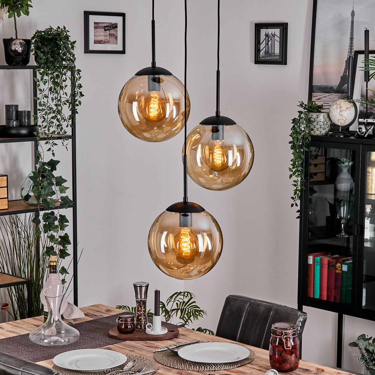 hofstein Hängeleuchte Retro/Vintage Hängelampe aus Metall/Glas in Schwarz/Bernsteinfarben, ohne Leuchtmittel